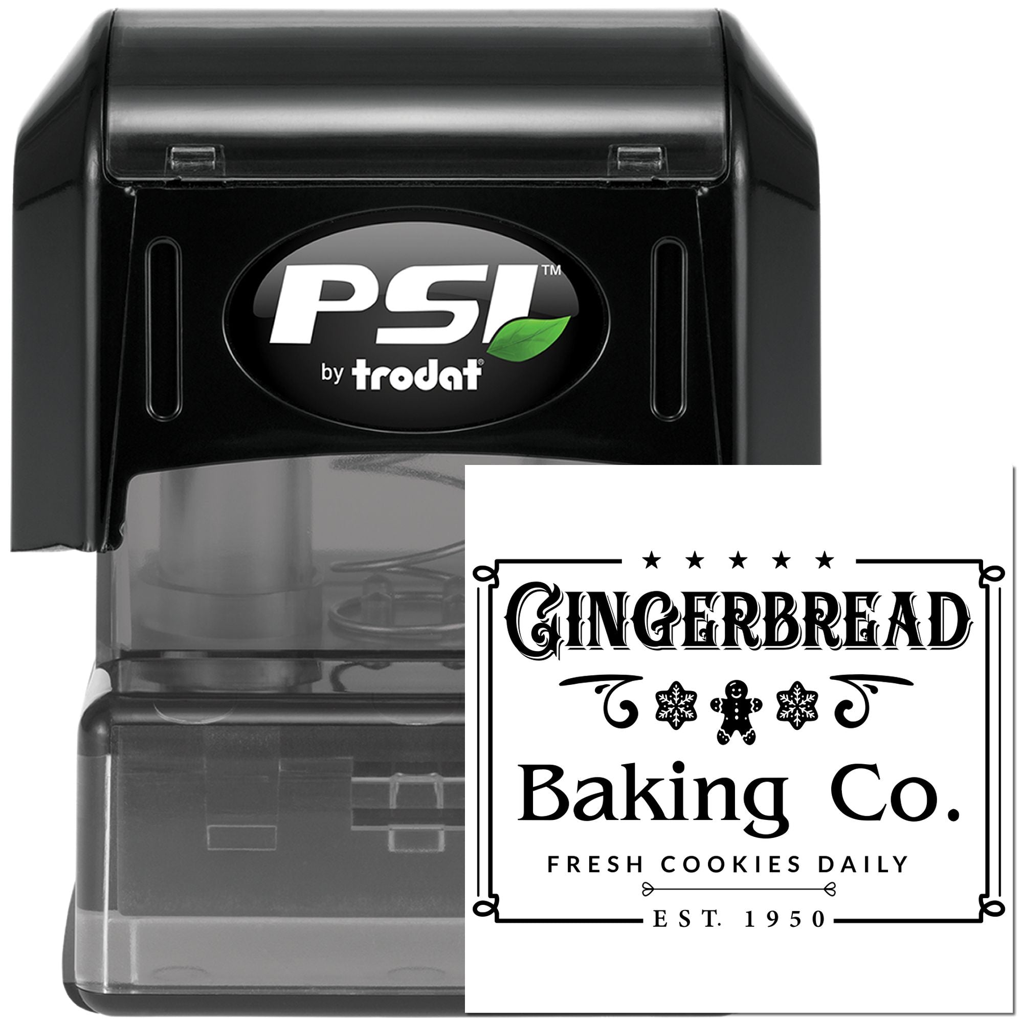 PSI by Trodat custom self-inking rubber stamp with Gingerbread Baking Co. bakery logo and fresh cookies daily design.