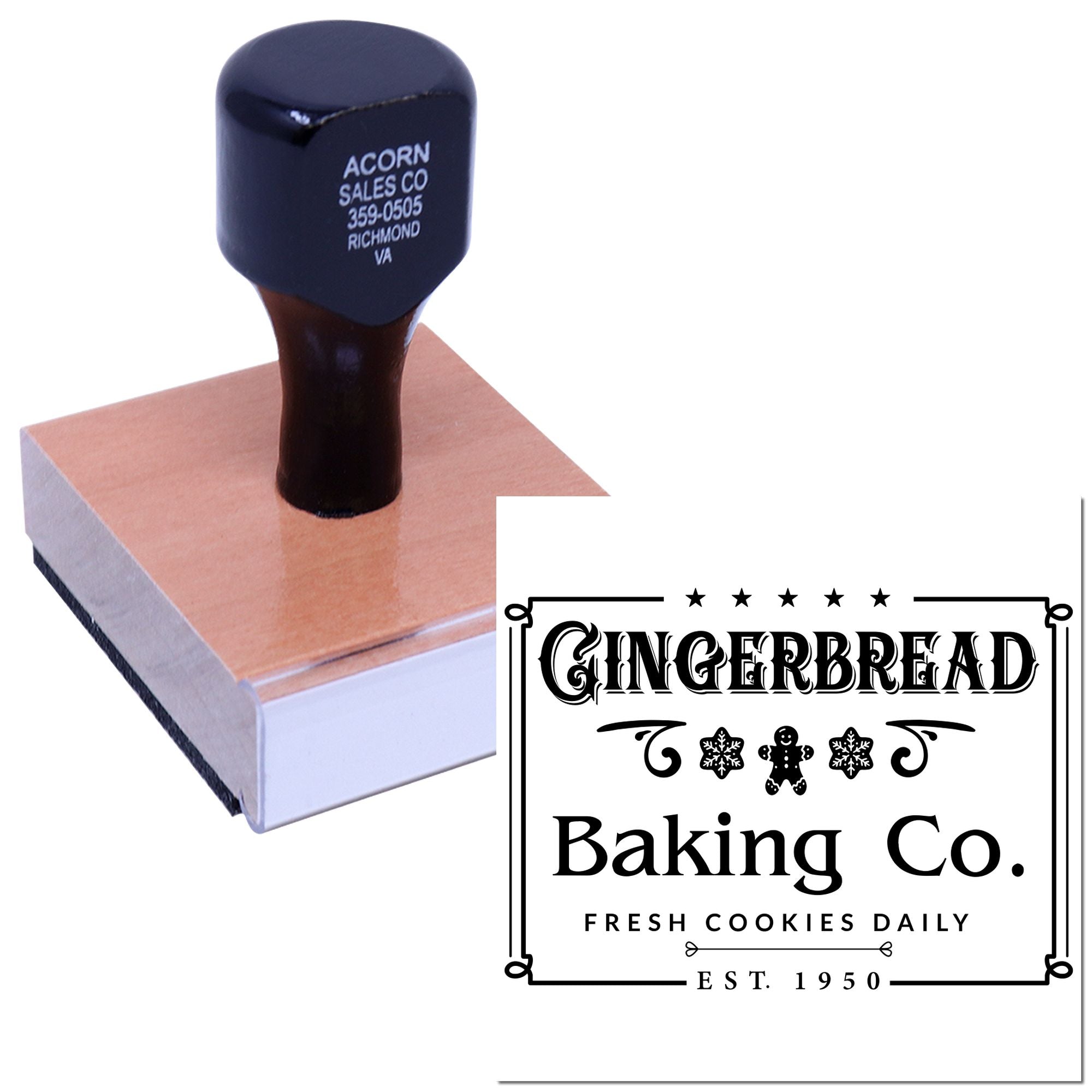 Custom logo rubber stamp for bakeries, featuring Gingerbread Baking Co. fresh cookies daily design and established 1950 branding.