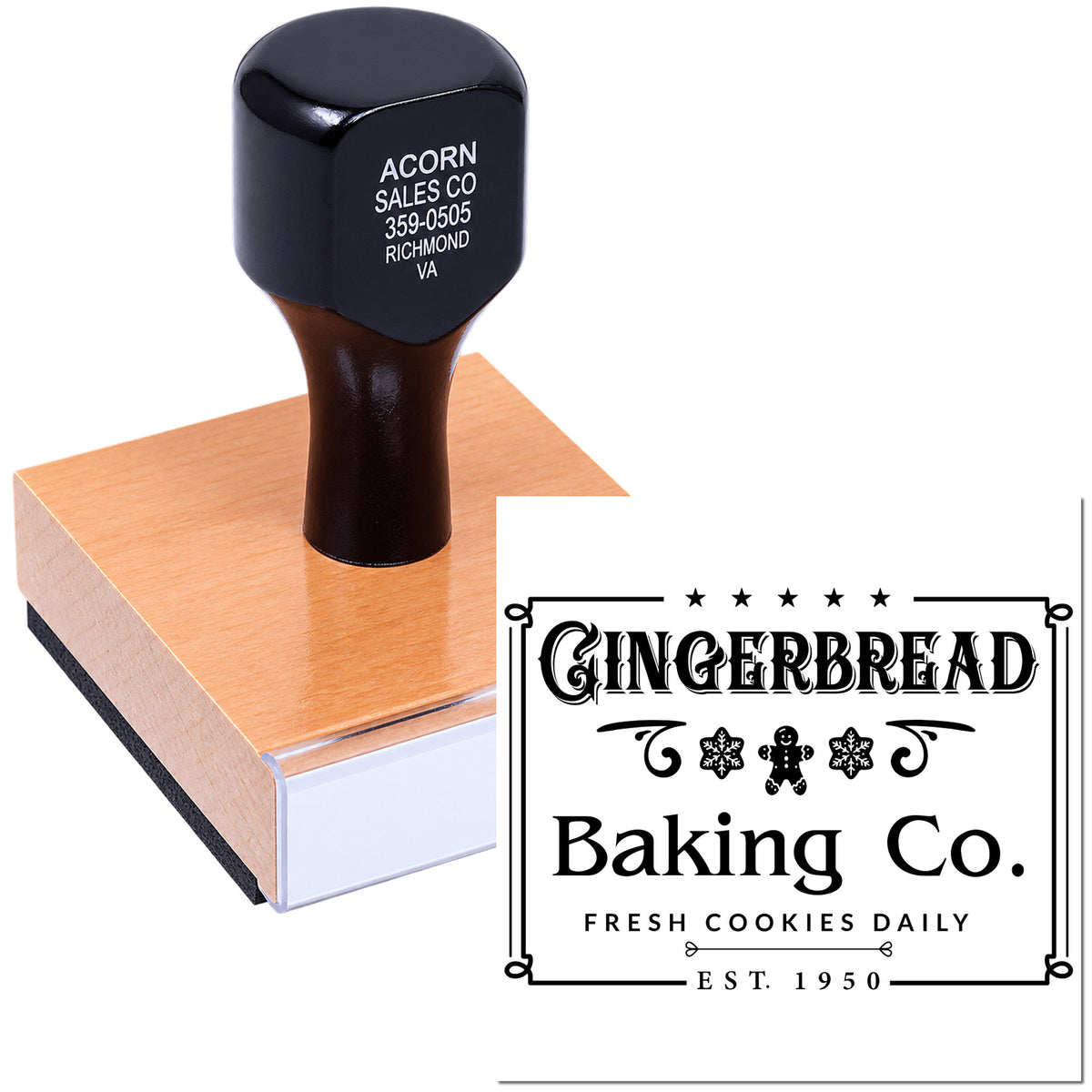 Custom logo rubber stamp for bakeries, featuring Gingerbread Baking Co. fresh cookies daily design and established 1950 branding.