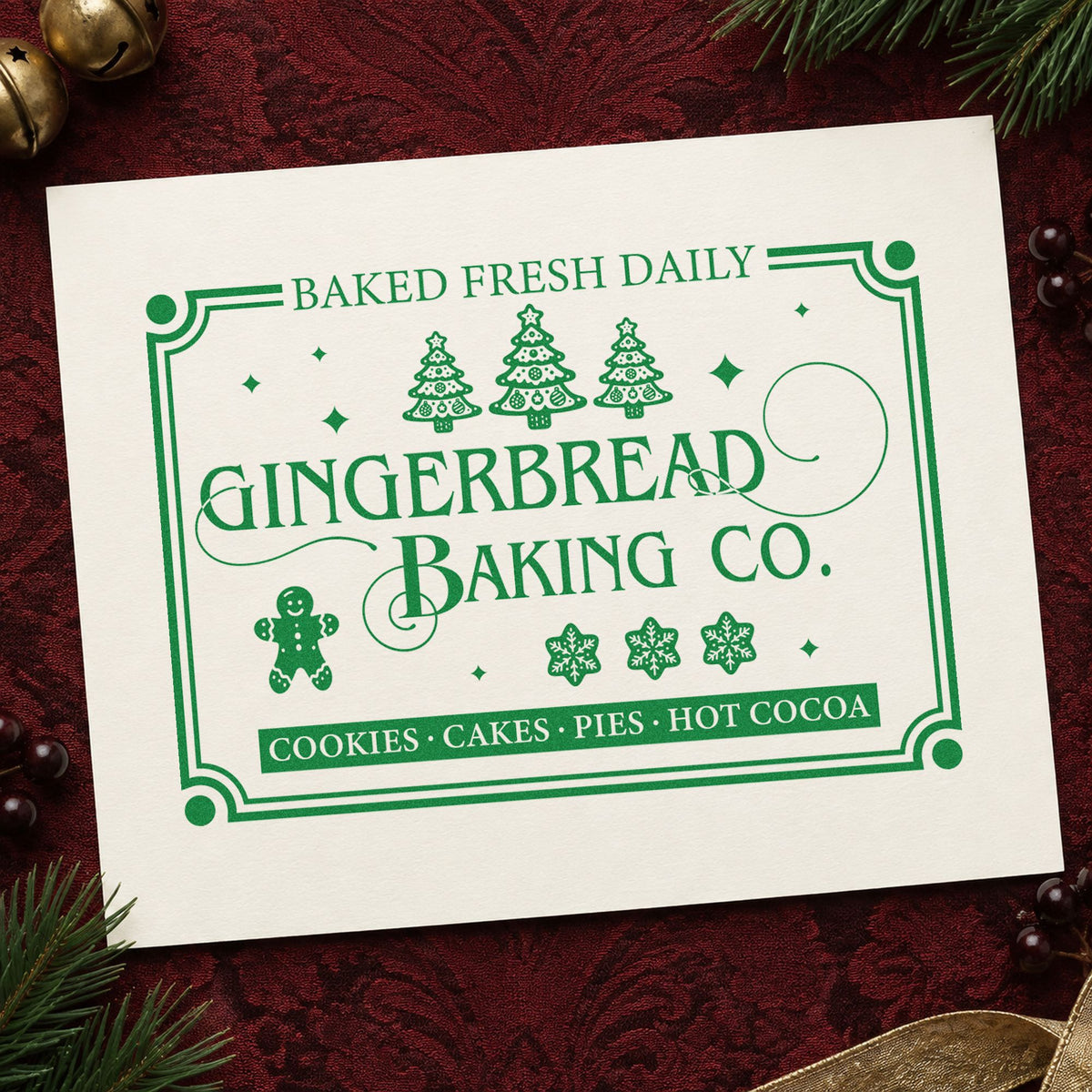 Gingerbread Baking Company Daily craft stamp in green ink on cardstock, an easy option for market setup album.