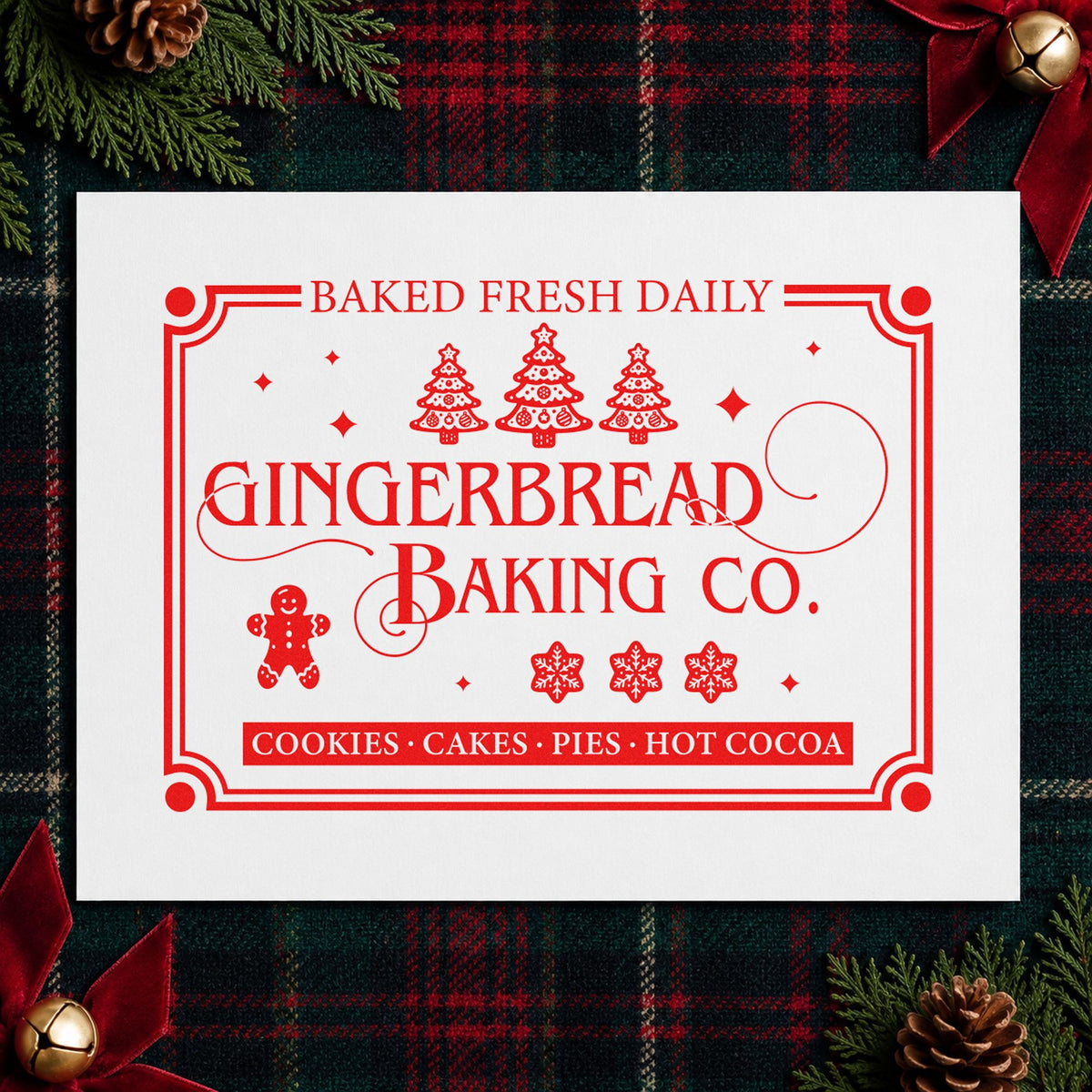 Gingerbread Baking Company Daily craft stamp in red ink on cardstock, an easy option for stall cloth printing.