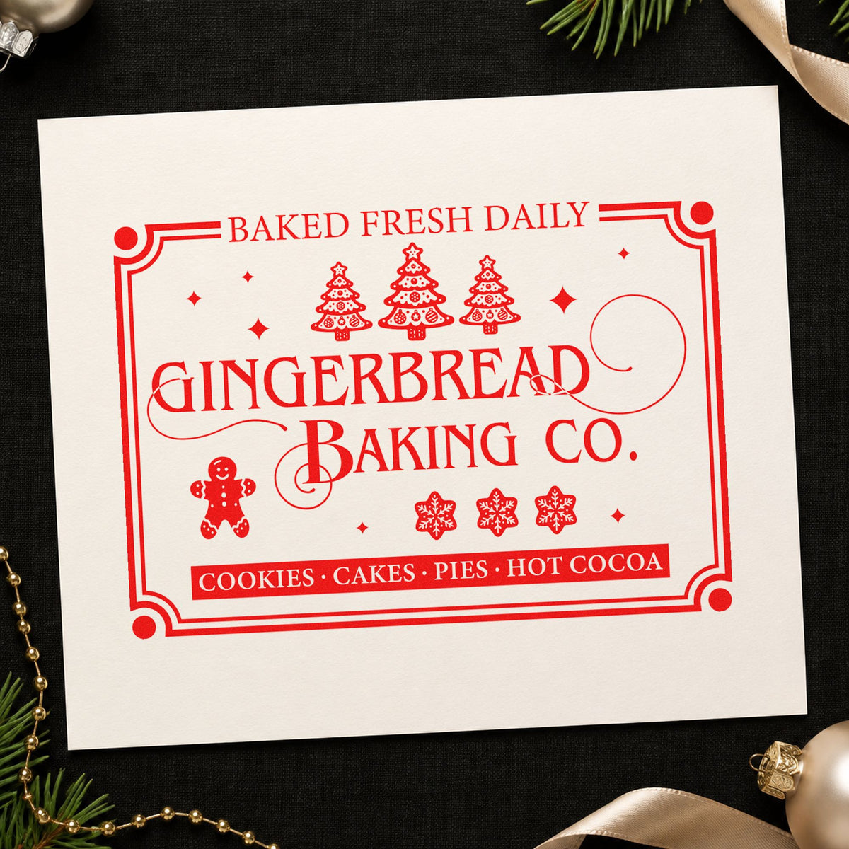 Gingerbread Baking Company Daily rubber stamp shown in red ink, stamped for projects such as crate front labels.