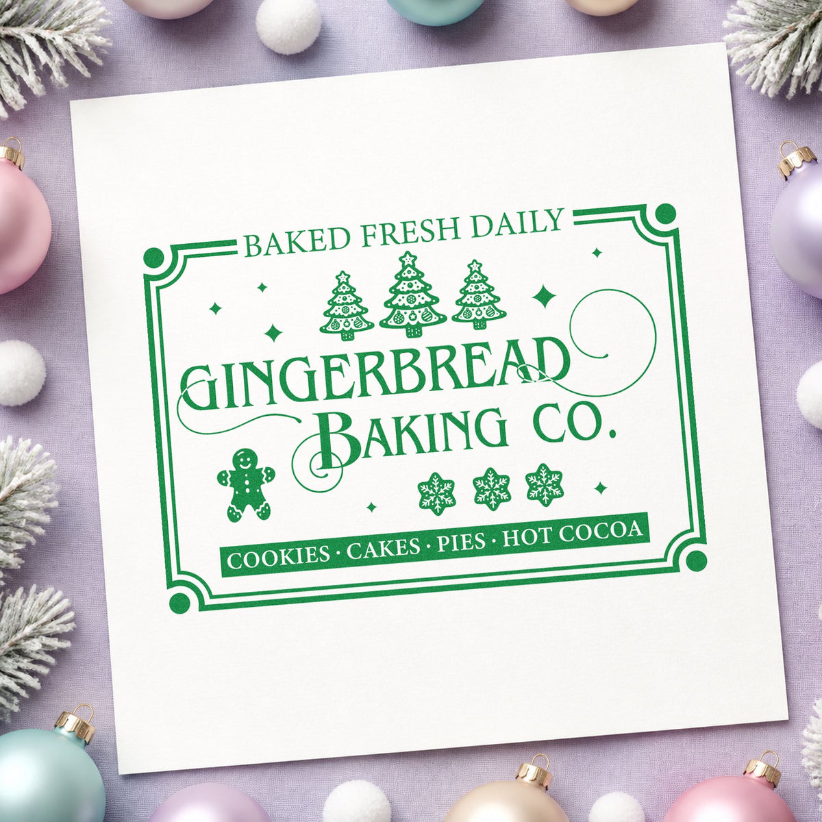 Gingerbread Baking Company Daily craft stamp imprint in green ink on a handmade project, one idea being vendor card slips.