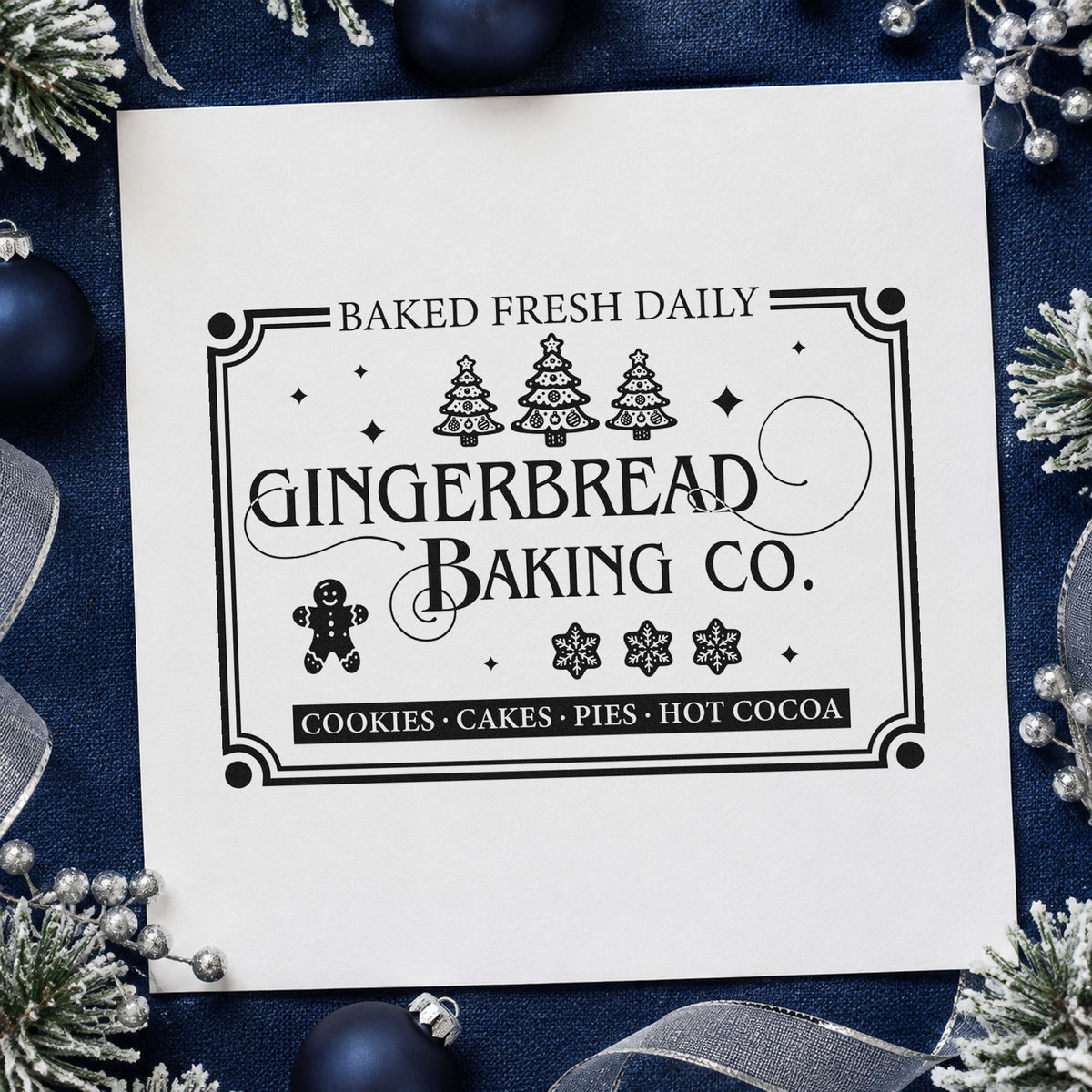 Gingerbread Baking Company Daily rubber stamp printed in black ink, ready for bordered bakery cards and similar paper crafts.