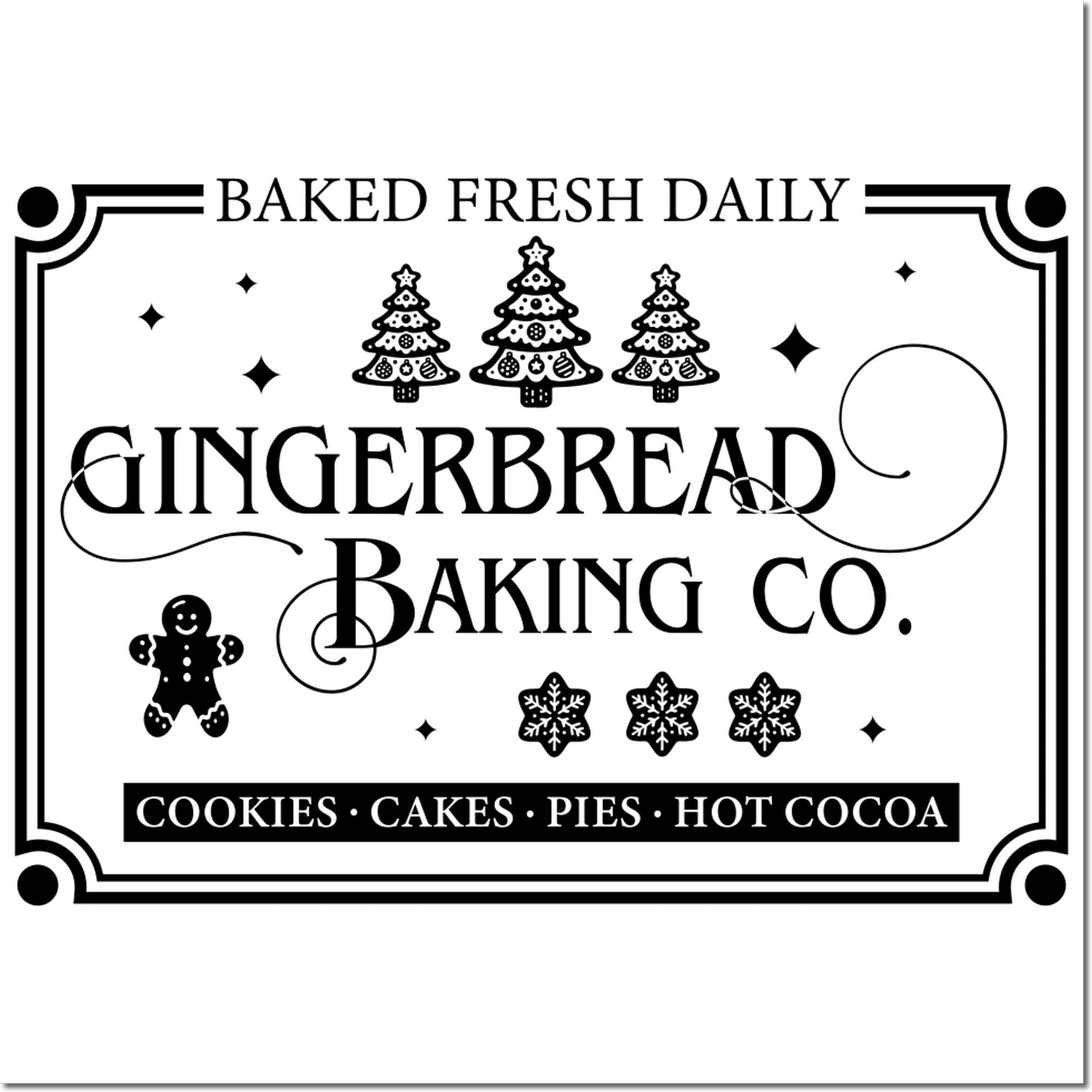 Christmas bakery rubber stamp design with Gingerbread Baking Co., baked fresh daily, cookies, cakes, pies and hot cocoa.