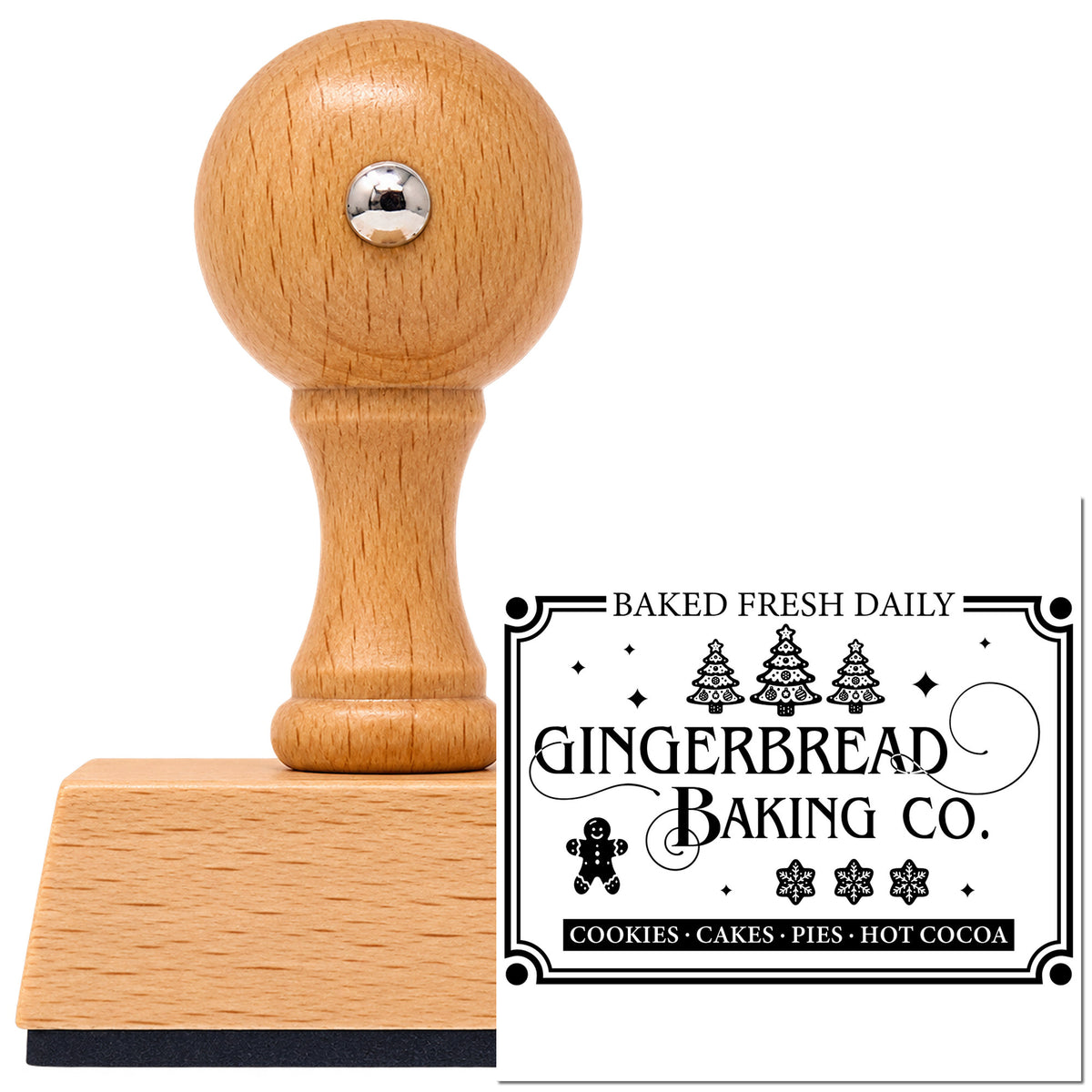 Gingerbread Baking Company Daily Vintage Pro rubber stamp in European beech wood with a round knob handle, shown beside its black imprint.