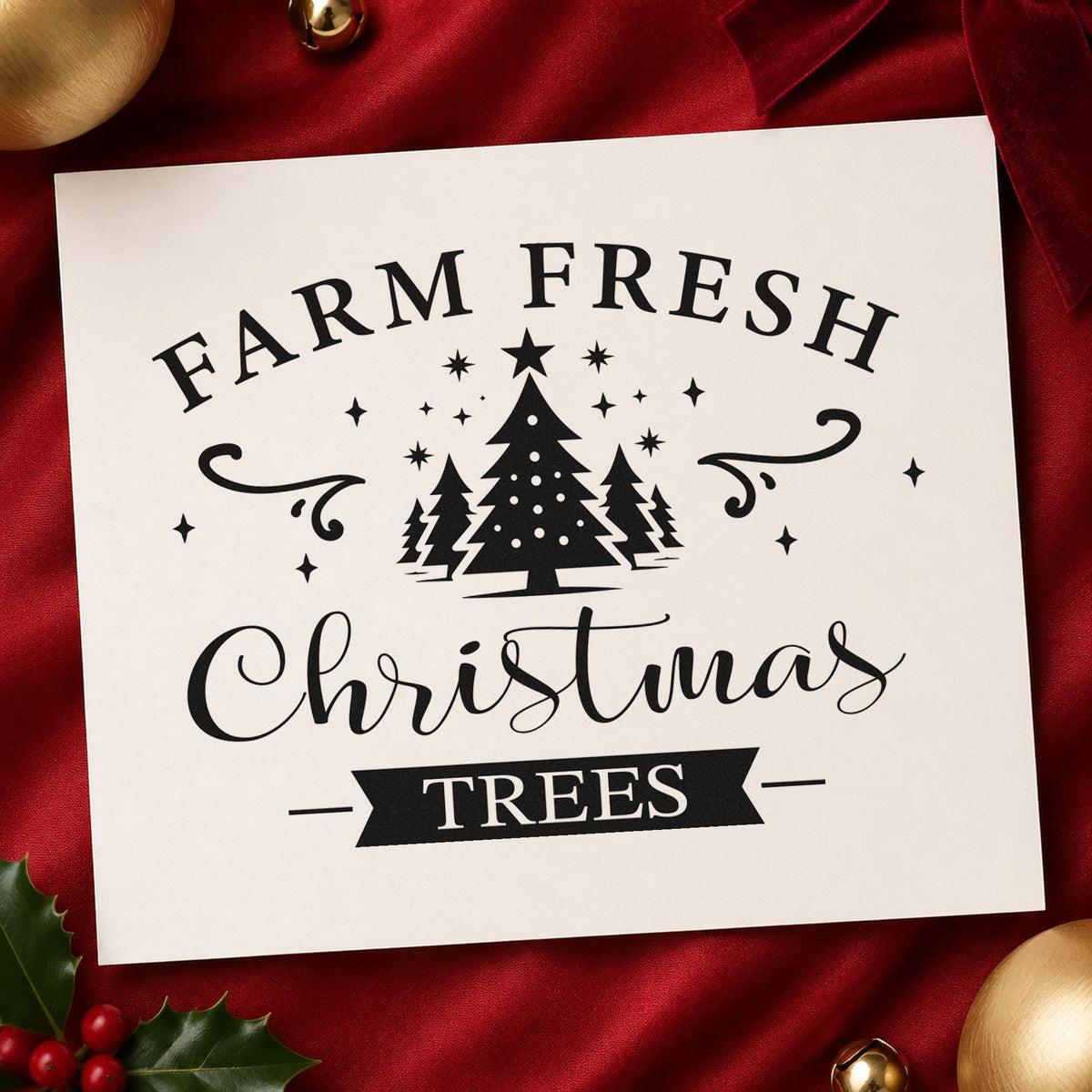 Farm Fresh Christmas Trees Emblem rubber stamp printed in black ink, ready for planting plan sheet and similar paper crafts.