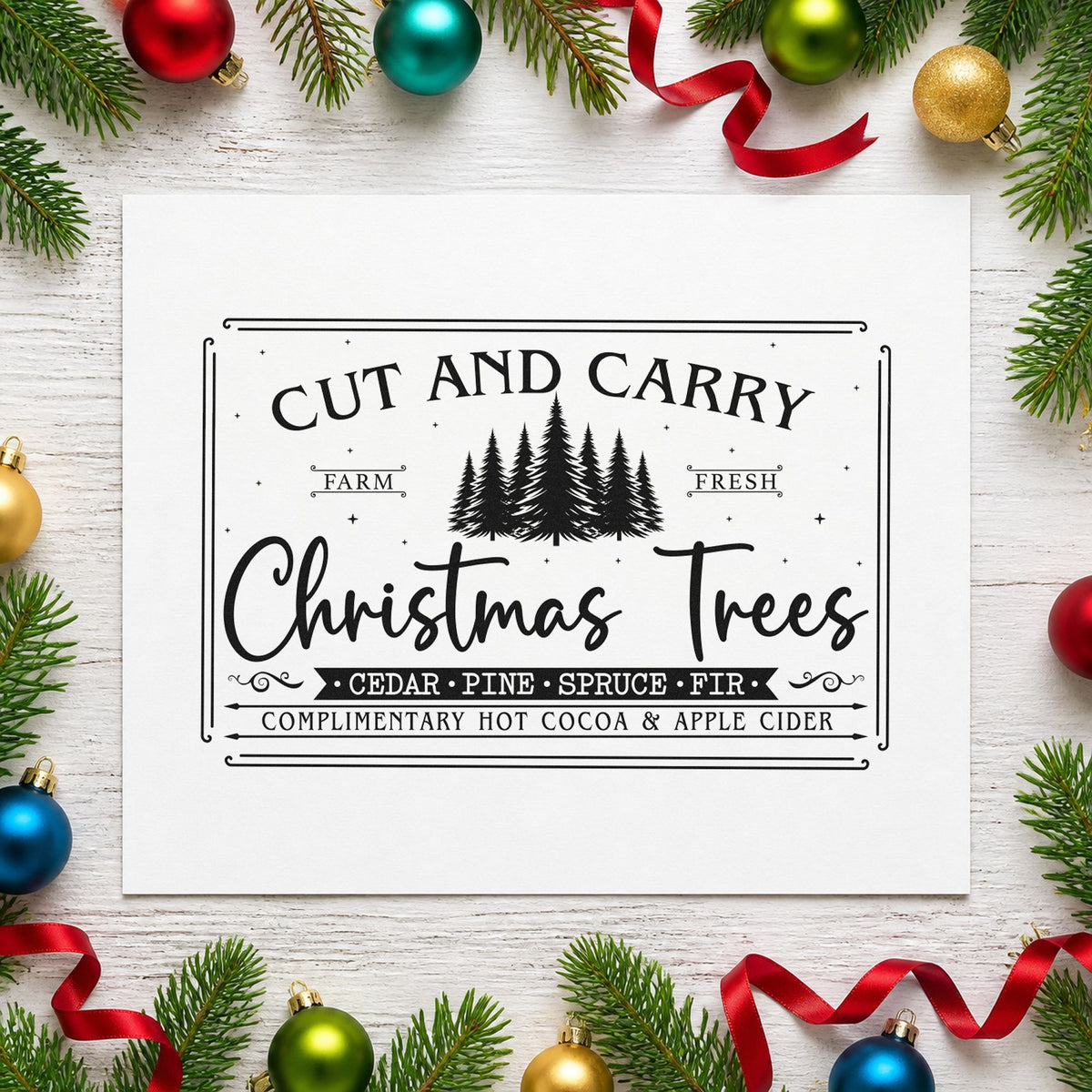 Cut And Carry Christmas Trees craft stamp imprint in black ink on a handmade project, one idea being saw rental tags.