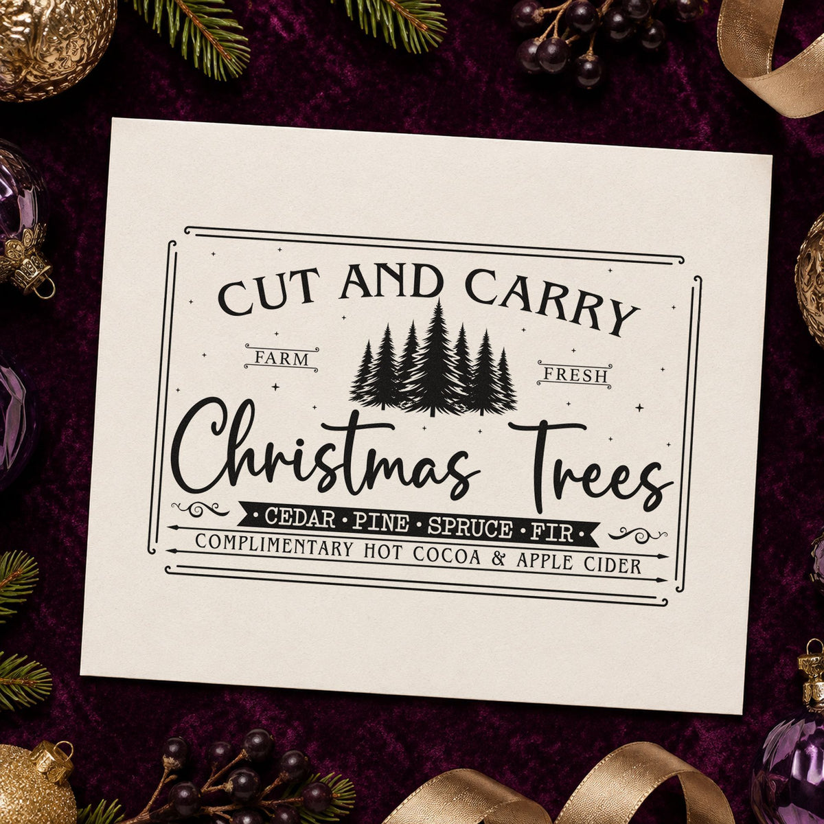 Cut And Carry Christmas Trees rubber stamp printed in black ink, ready for species price sheet and similar paper crafts.