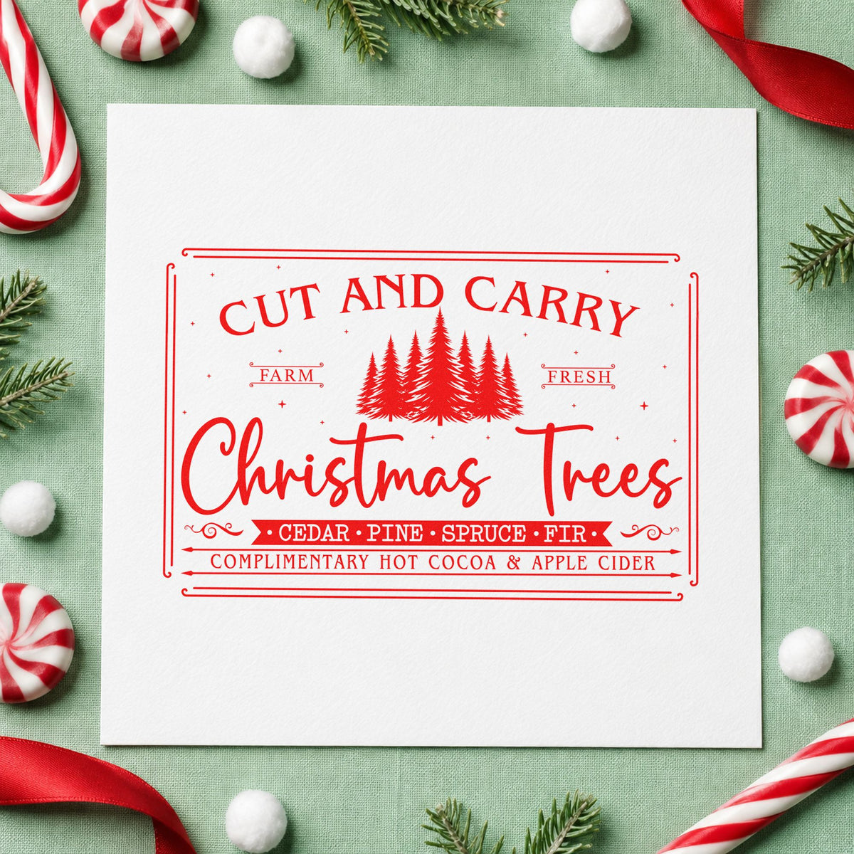 Cut And Carry Christmas Trees craft stamp in red ink on cardstock, an easy option for sled cover printing.