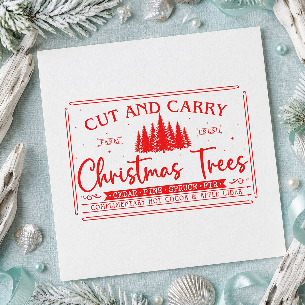 Cut And Carry Christmas Trees rubber stamp shown in red ink, stamped for projects such as urn tap labels.