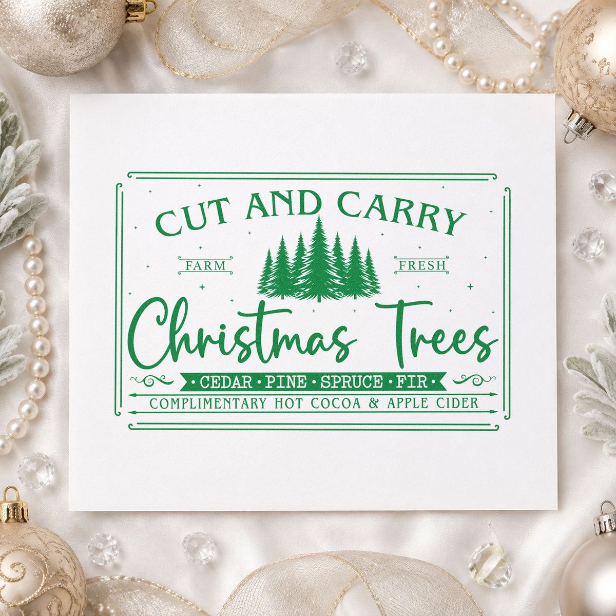 Cut And Carry Christmas Trees craft stamp imprint in green ink on a handmade project, one idea being visit guide cards.