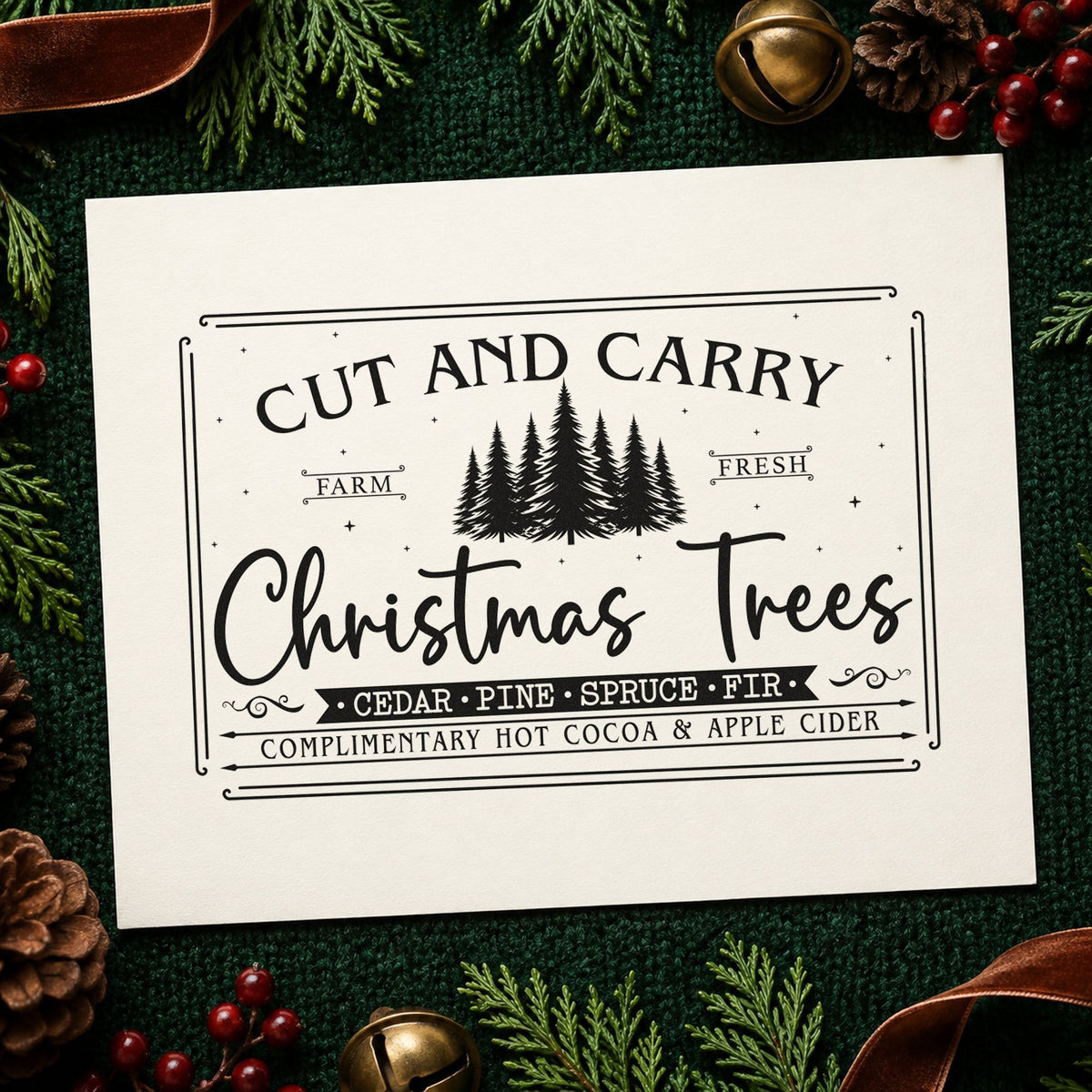 Cut And Carry Christmas Trees rubber stamp printed in black ink, ready for cut and carry cards and similar paper crafts.
