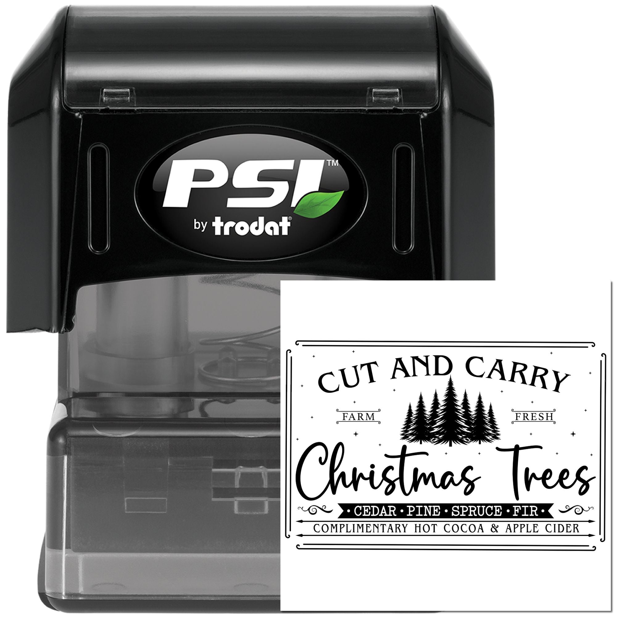PSI by Trodat self-inking rubber stamp with custom Christmas Trees Cut and Carry design for holiday packaging