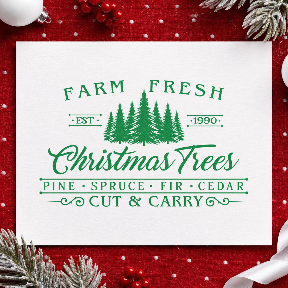 Farm Fresh Trees Est 1990 Pine Motif PSI Pre-Inked Stamp in use 10