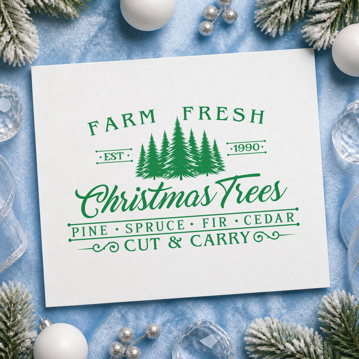Farm Fresh Trees Est 1990 Pine Motif PSI Pre-Inked Stamp in use 8