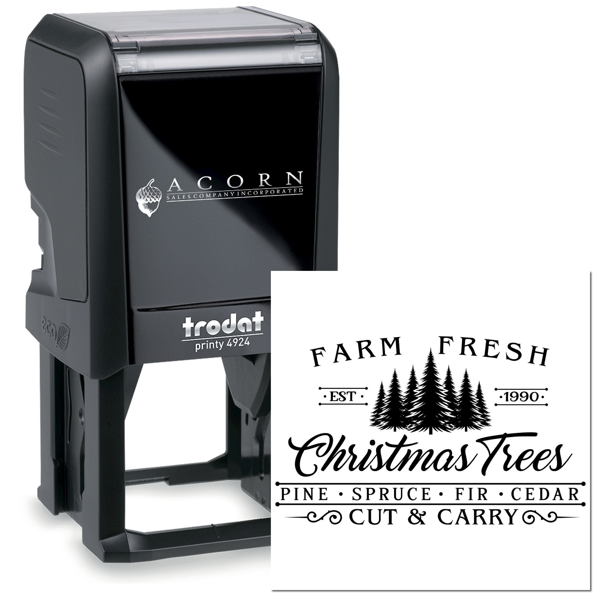 Trodat Printy 4924 self-inking rubber stamp with Farm Fresh Christmas Trees design for custom holiday packaging.