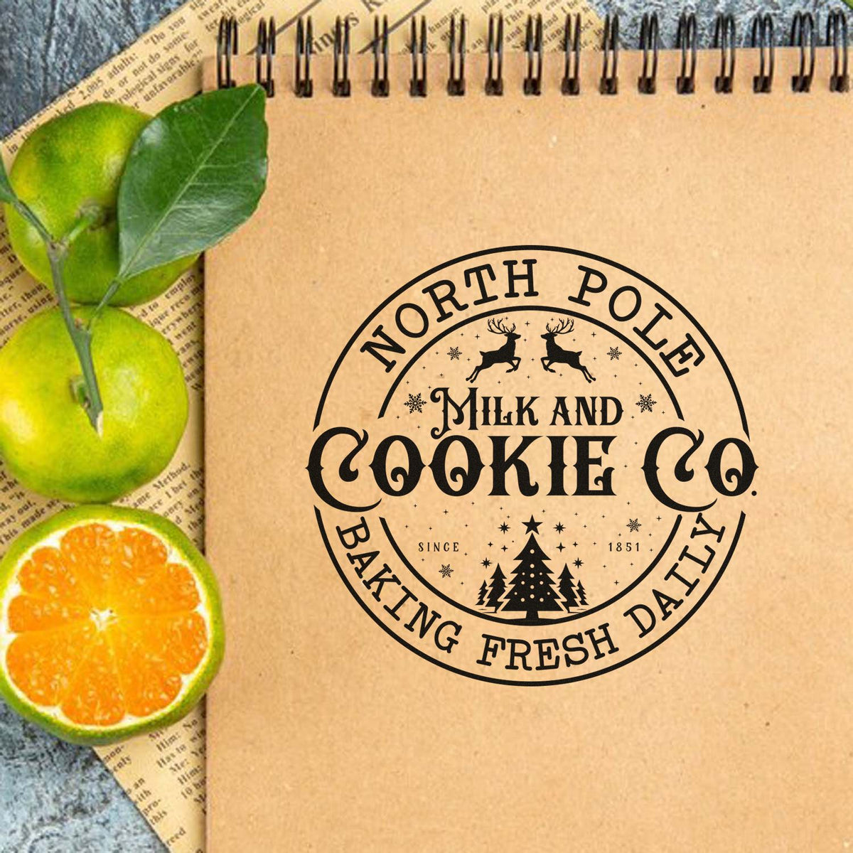Vintage Pro North Pole Cookie Company Badge Premium Wooden Stamp imprint stamped in black ink. A circular badge reads "North Pole Milk and Cookie Co. baking fresh daily" with reindeer, trees, and stars.