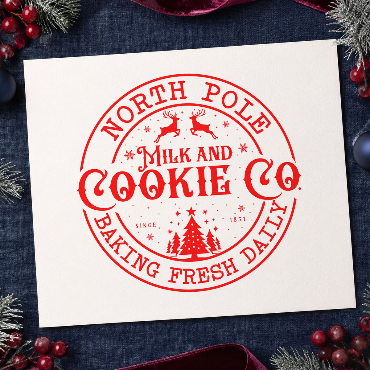 North Pole Cookie Company Badge craft stamp in red ink on cardstock, an easy option for driver cap printing.