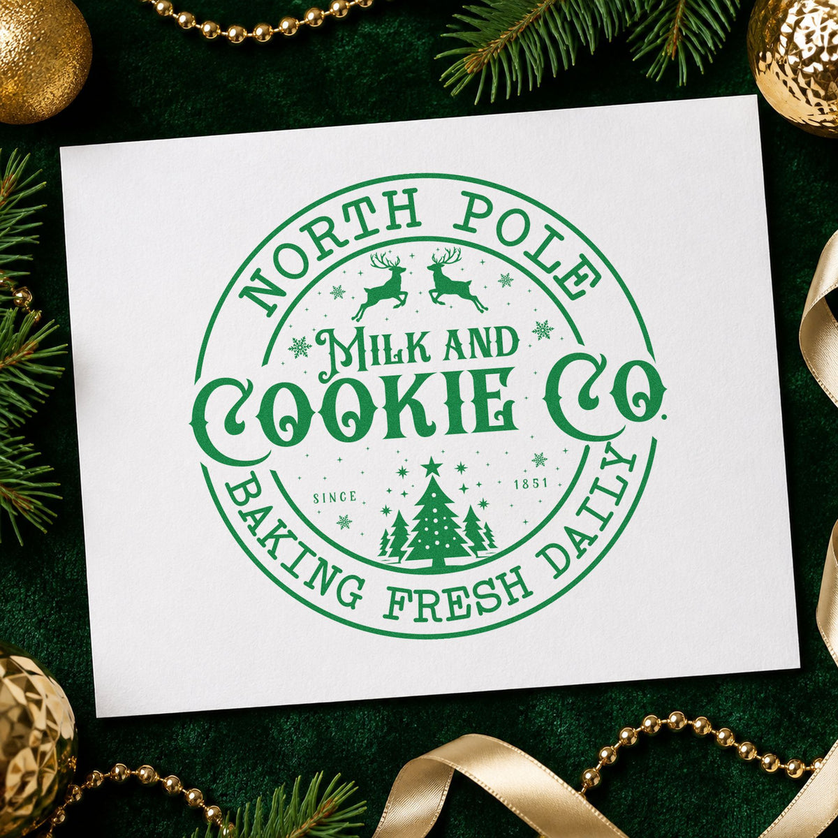 North Pole Cookie Company Badge craft stamp imprinted in green ink on paper, a design suited to framed dispatch wall.