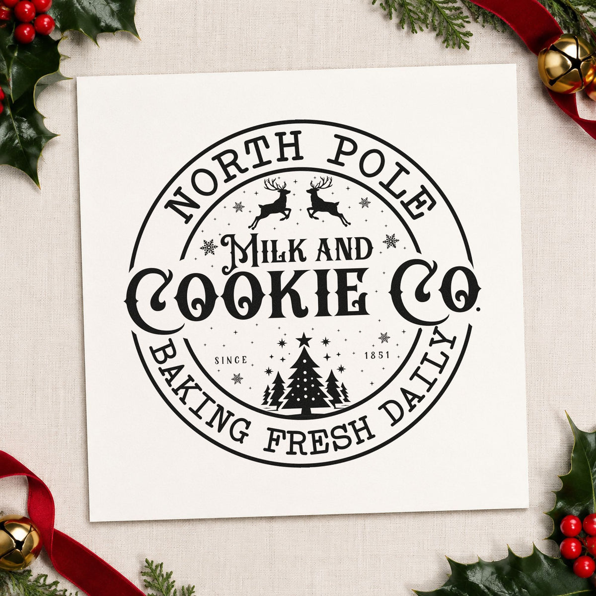 North Pole Cookie Company Badge rubber stamp printed in black ink, ready for fleet badge cards and similar paper crafts.