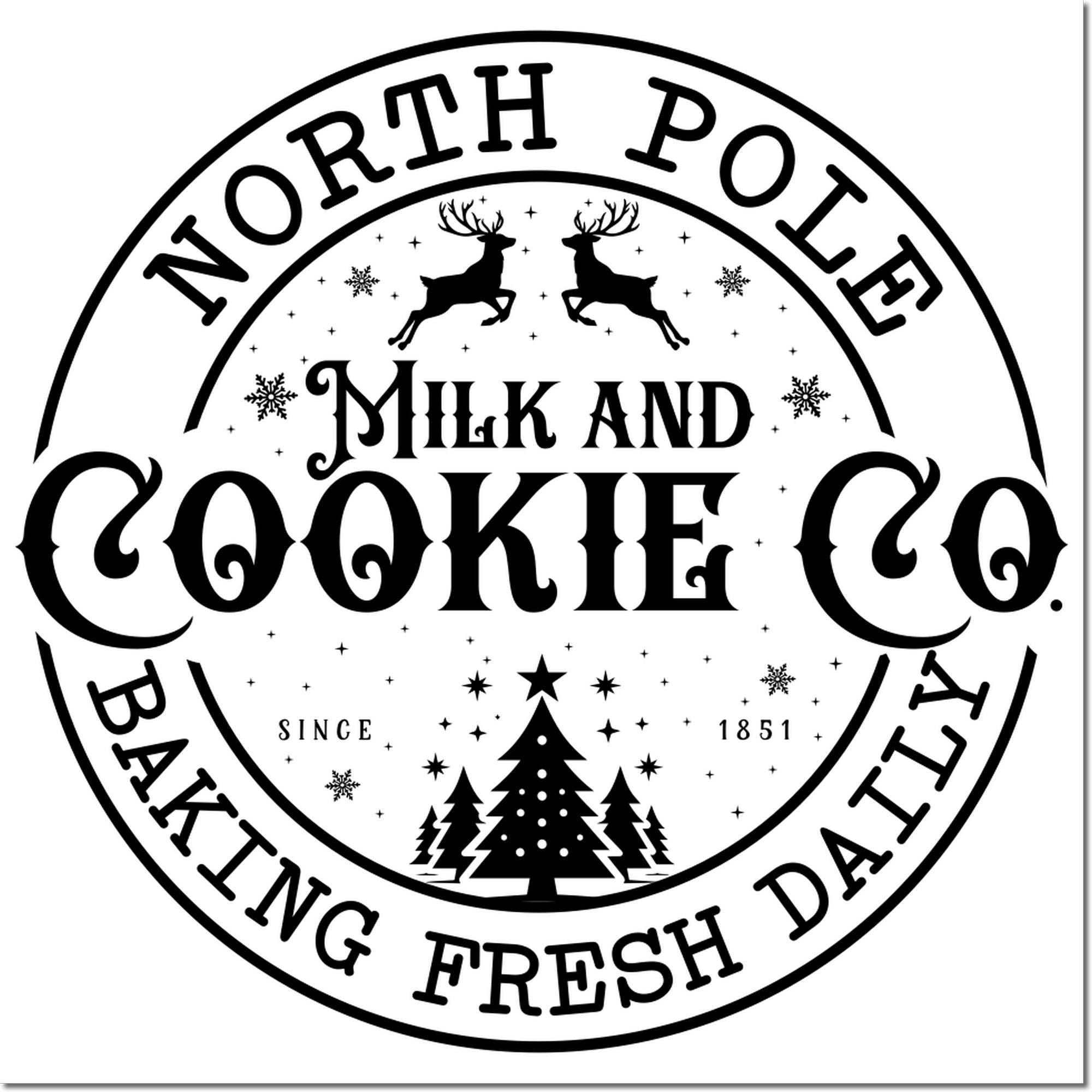 North Pole Milk and Cookie Co. holiday rubber stamp design for Christmas bakery branding, baking fresh daily with reindeer and trees
