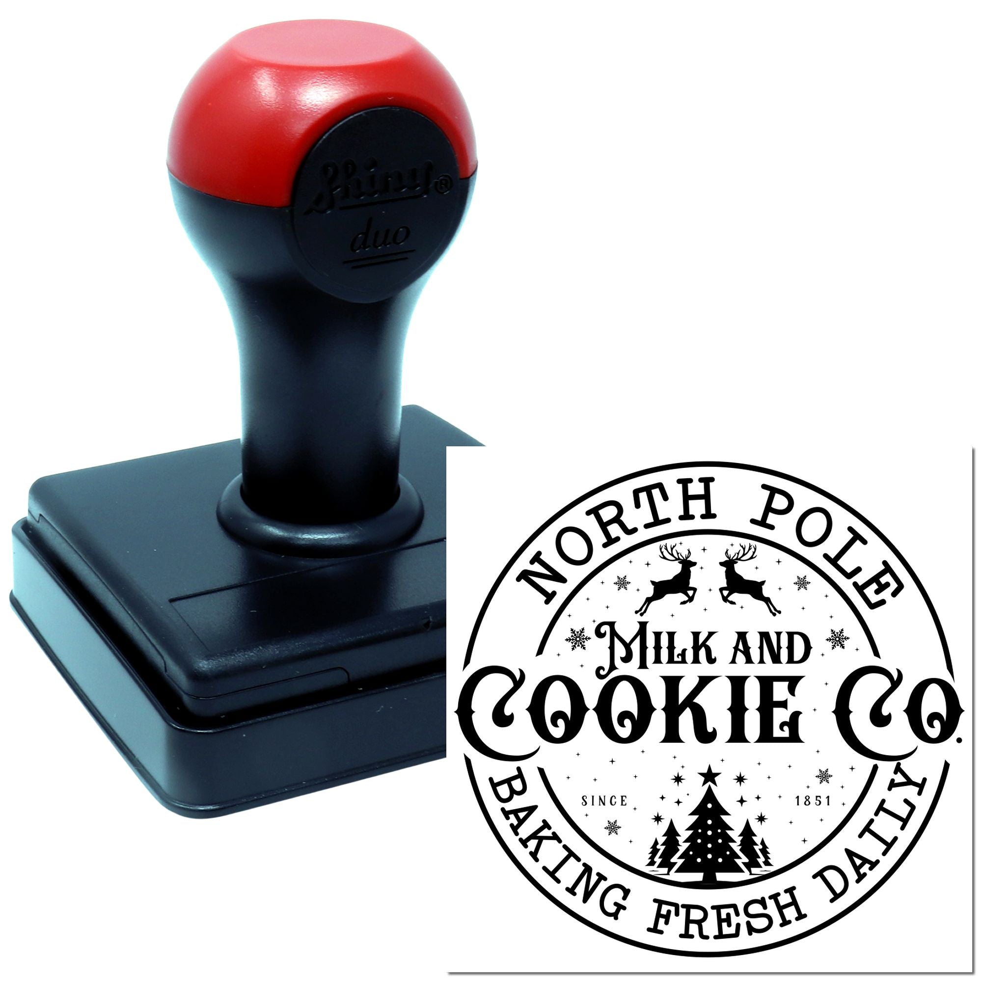 Custom self-inking rubber stamp for holiday baking: North Pole Milk and Cookie Baking Fresh Daily design