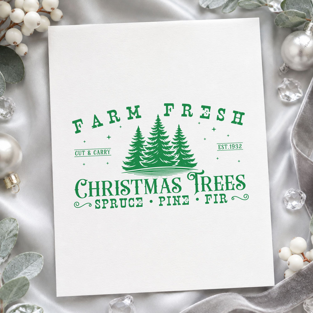 Farm Fresh Spruce Pine Fir craft stamp in green ink on cardstock, an easy option for field row album.