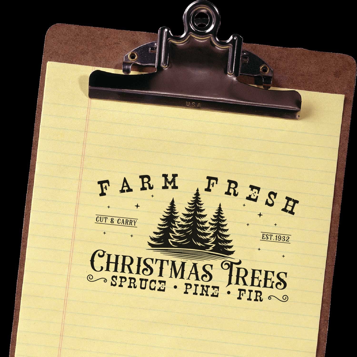 Farm Fresh Christmas Trees rubber stamp design on clipboard, featuring spruce, pine and fir text with evergreen trees.
