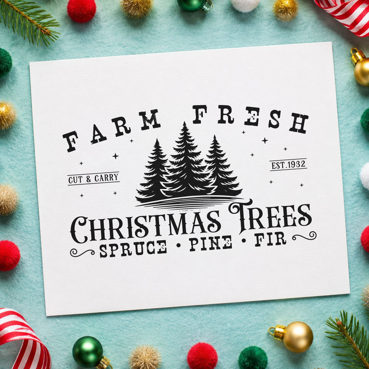 Farm Fresh Spruce Pine Fir craft stamp imprint in black ink on a handmade project, one idea being row marker tags.