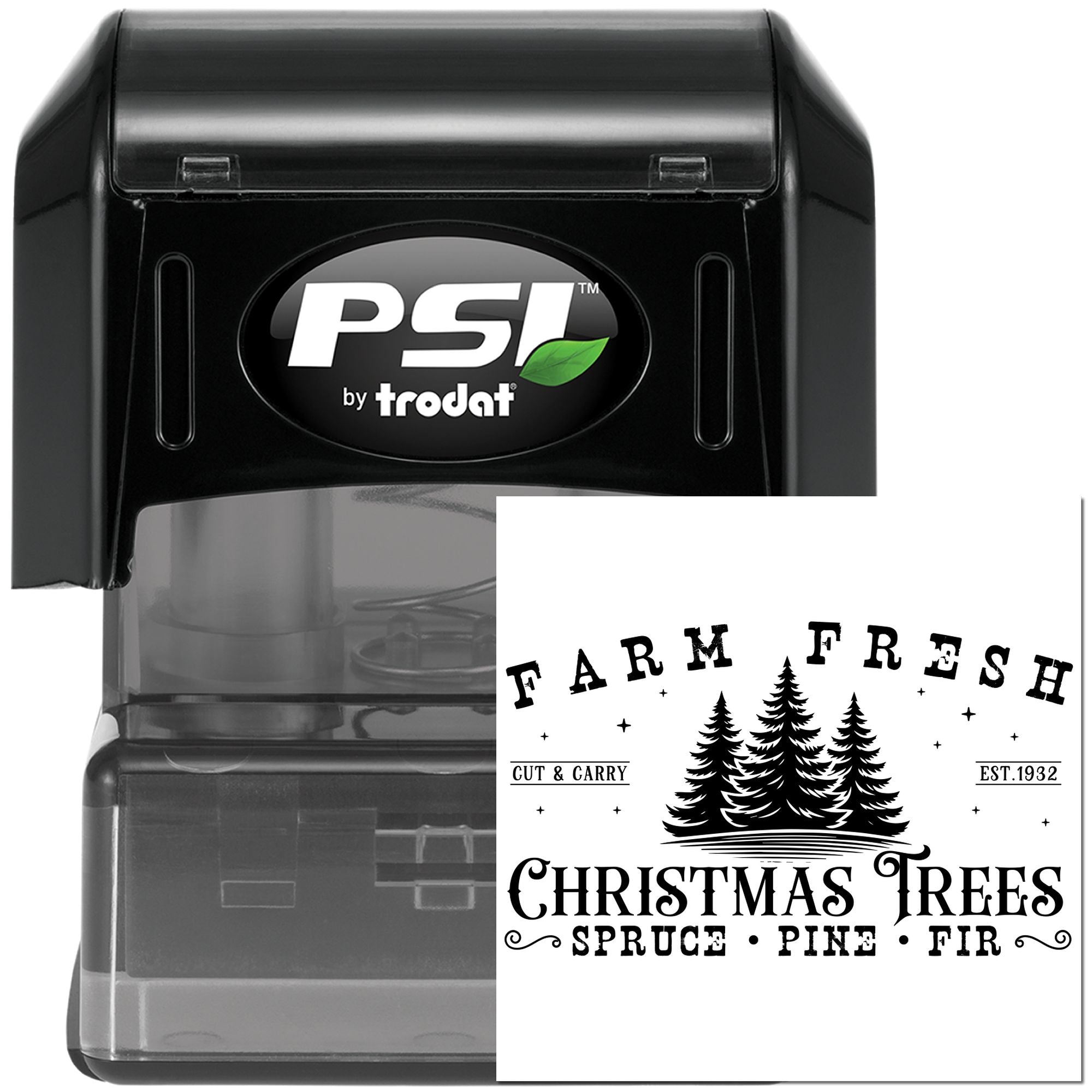 PSI by Trodat self-inking rubber stamp with Farm Fresh Christmas Trees design for holiday cards and craft packaging