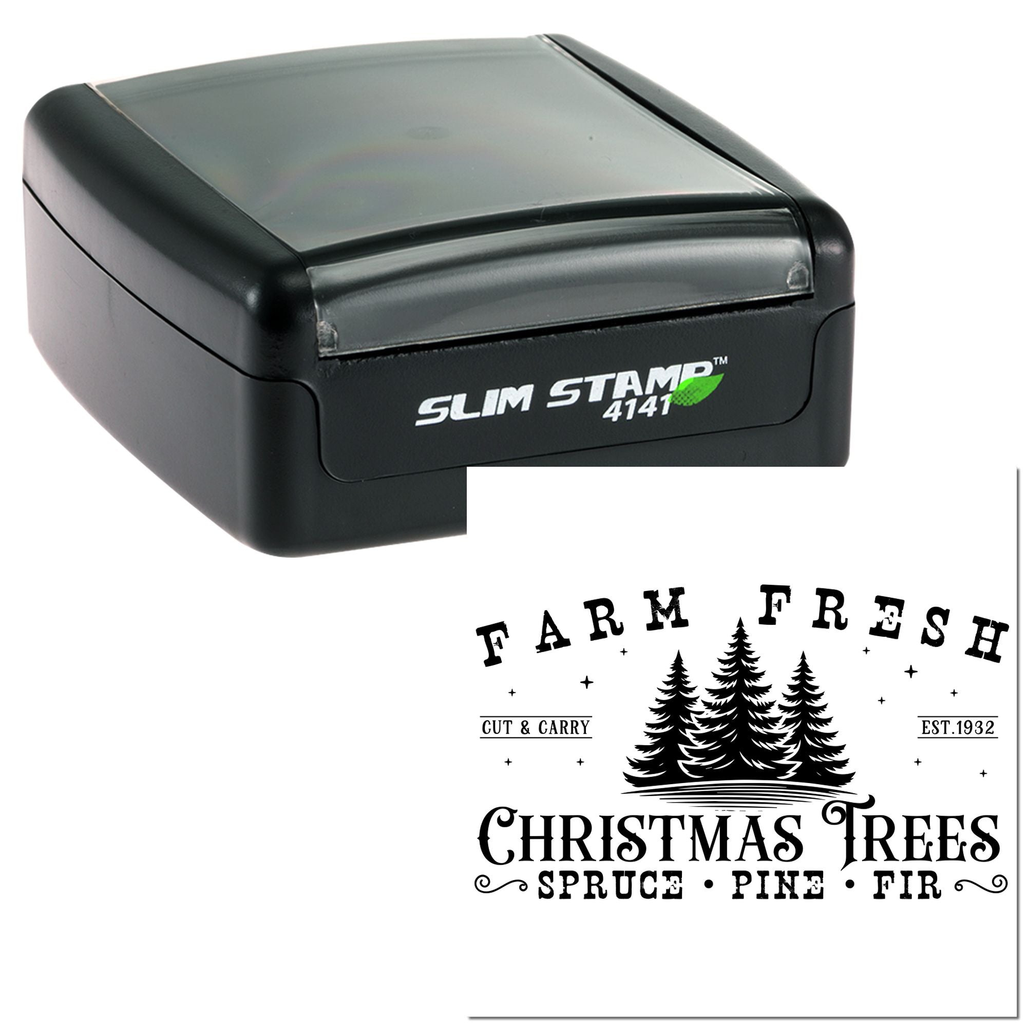 Slim Stamp 4141 self-inking rubber stamp with Farm Fresh Christmas Trees imprint for custom holiday packaging.