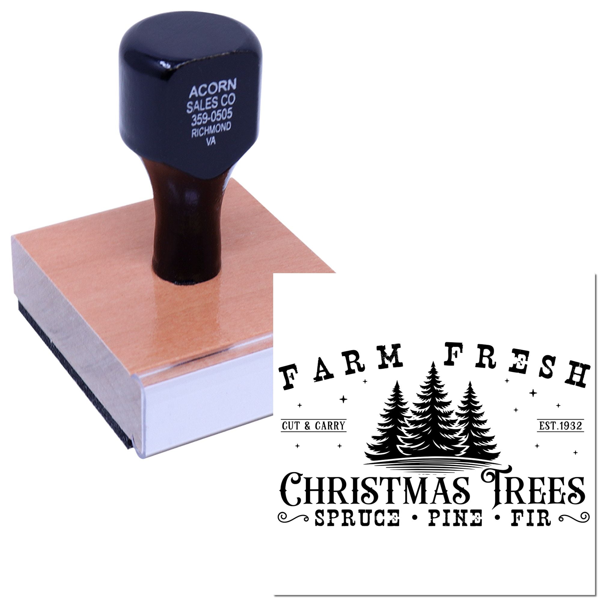 Custom rubber stamp for Farm Fresh Christmas Trees logo with spruce, pine, and fir design for seasonal branding and packaging.