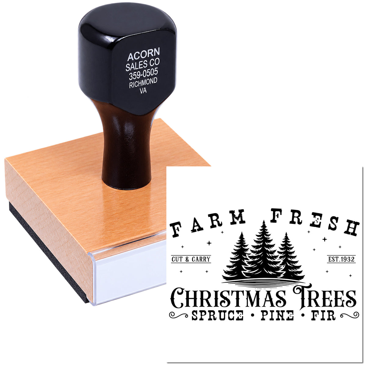 Custom rubber stamp for Farm Fresh Christmas Trees logo with spruce, pine, and fir design for seasonal branding and packaging.