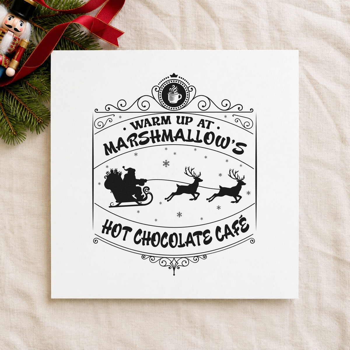Marshmallow Hot Chocolate Cafe rubber stamp printed in black ink, ready for specials board sheet and similar paper crafts.