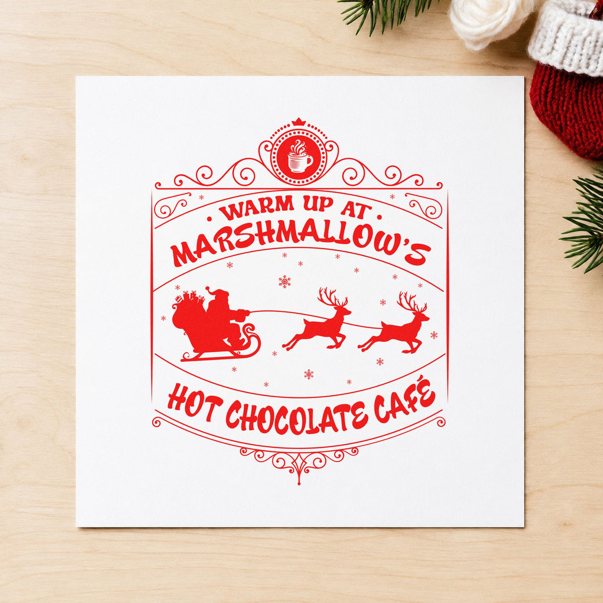 Marshmallow Hot Chocolate Cafe rubber stamp shown in red ink, stamped for projects such as syrup pump labels.