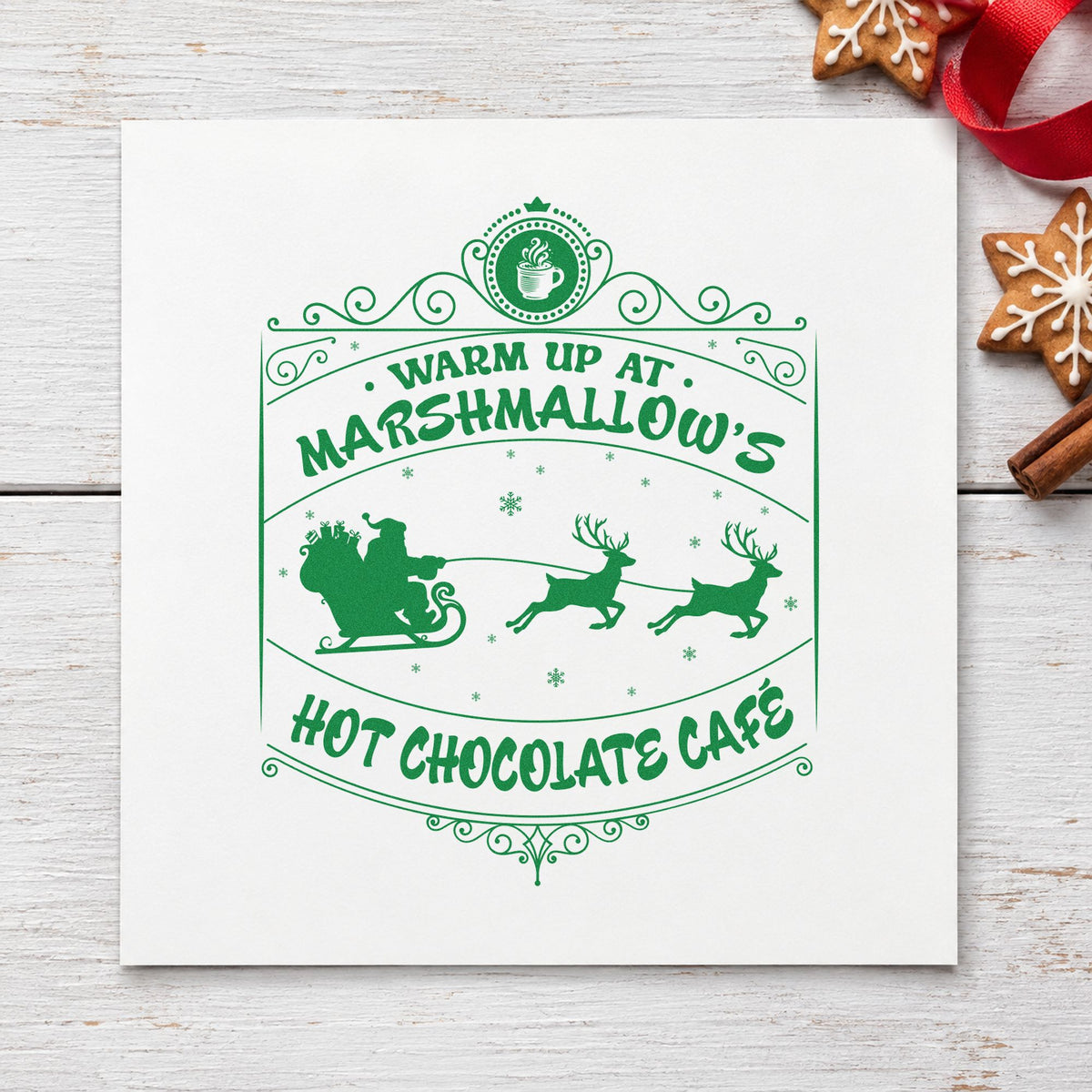 Marshmallow Hot Chocolate Cafe craft stamp imprint in green ink on a handmade project, one idea being loyalty punch cards.