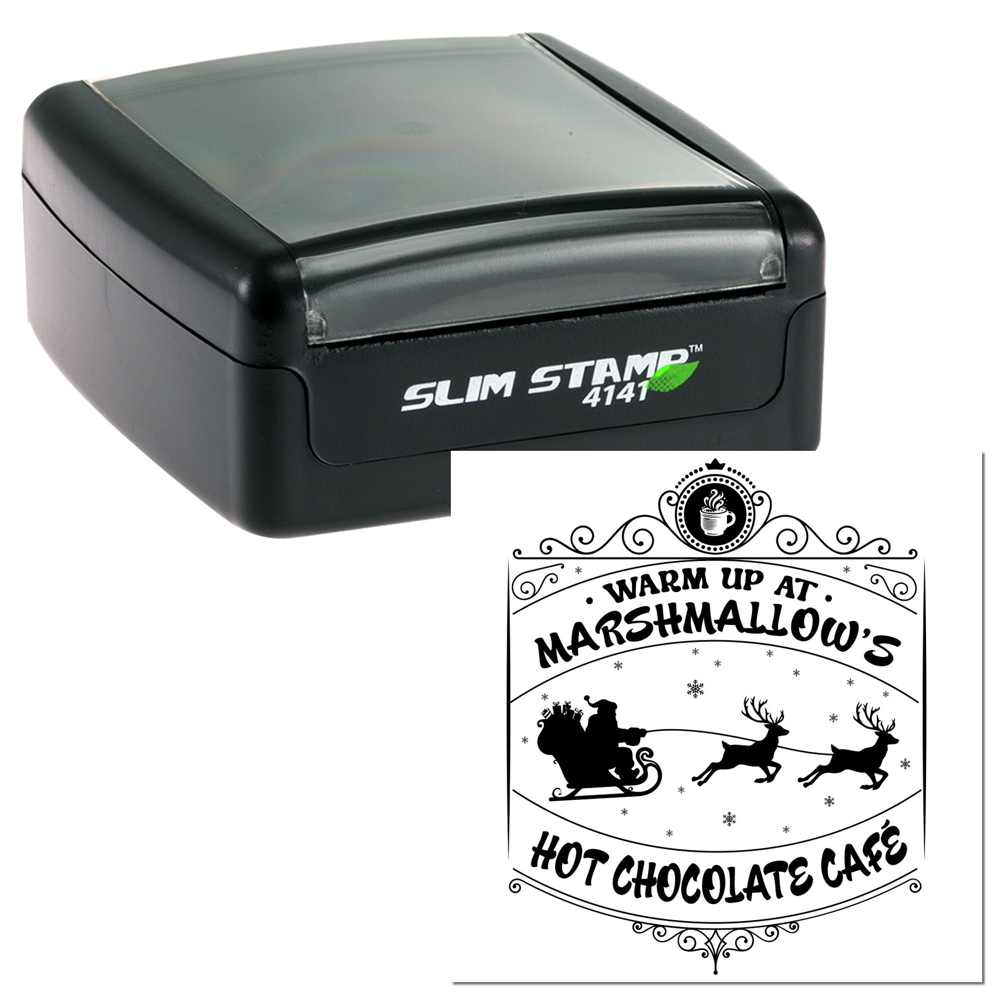 Slim Stamp 4141 self-inking rubber stamp featuring a holiday Hot Chocolate Cafe design with Santa, reindeer and festive lettering.