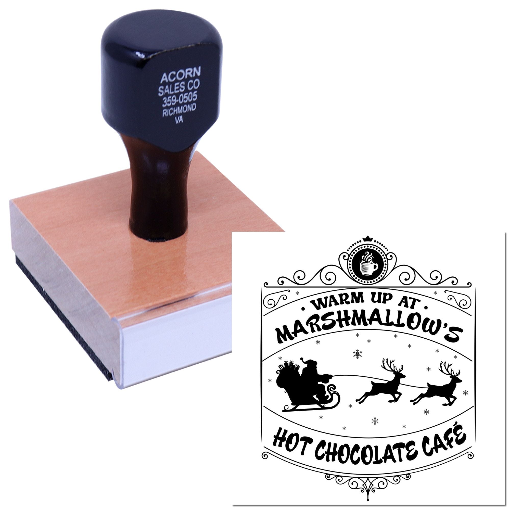 Custom rubber stamp with Warm Up at Marshmallows Hot Chocolate Cafe design for winter promotions and bakery branding.