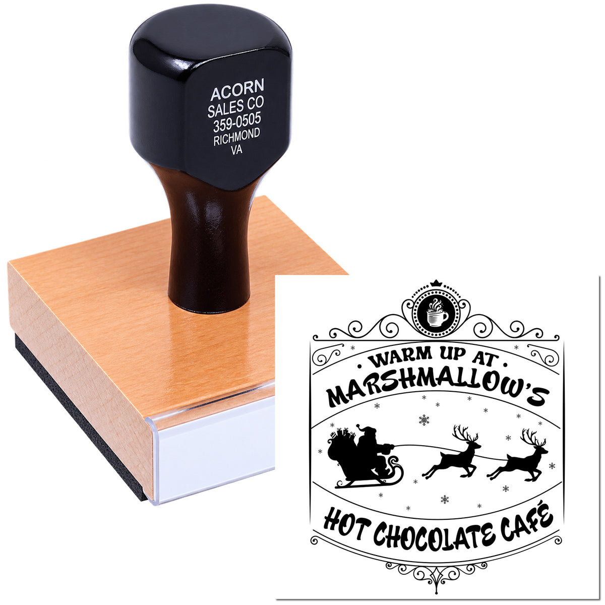 Custom rubber stamp with Warm Up at Marshmallows Hot Chocolate Cafe design for winter promotions and bakery branding.