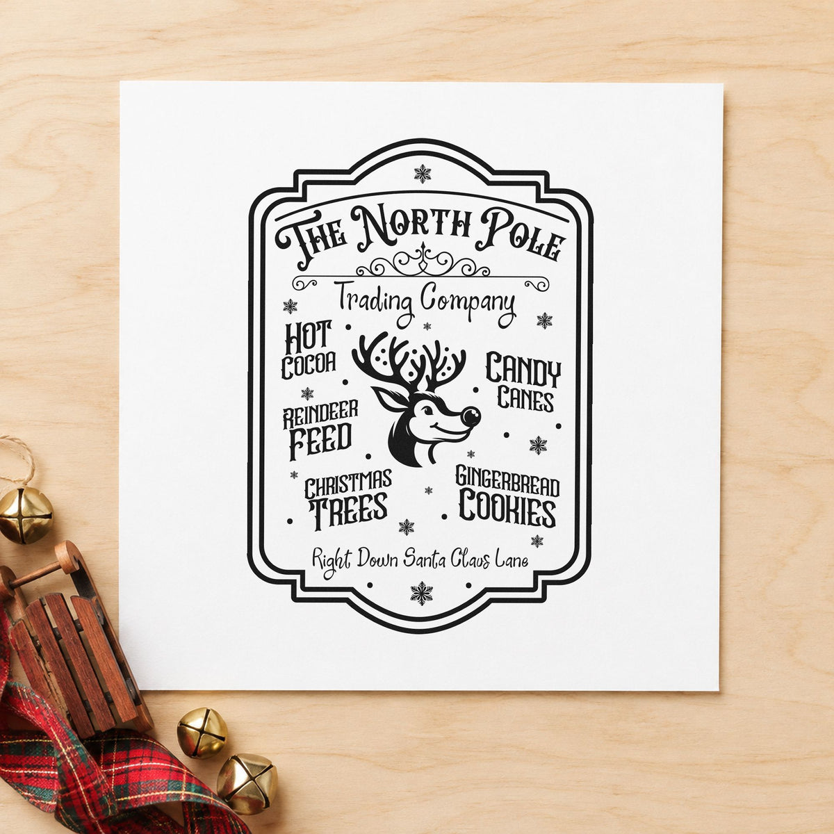 North Pole Trading Company Sign rubber stamp printed in black ink, ready for stock order sheet and similar paper crafts.