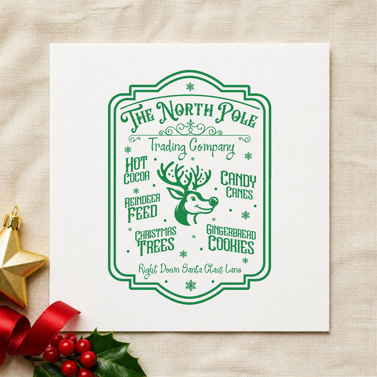 North Pole Trading Company Sign craft stamp imprinted in green ink on paper, a design suited to framed register wall.