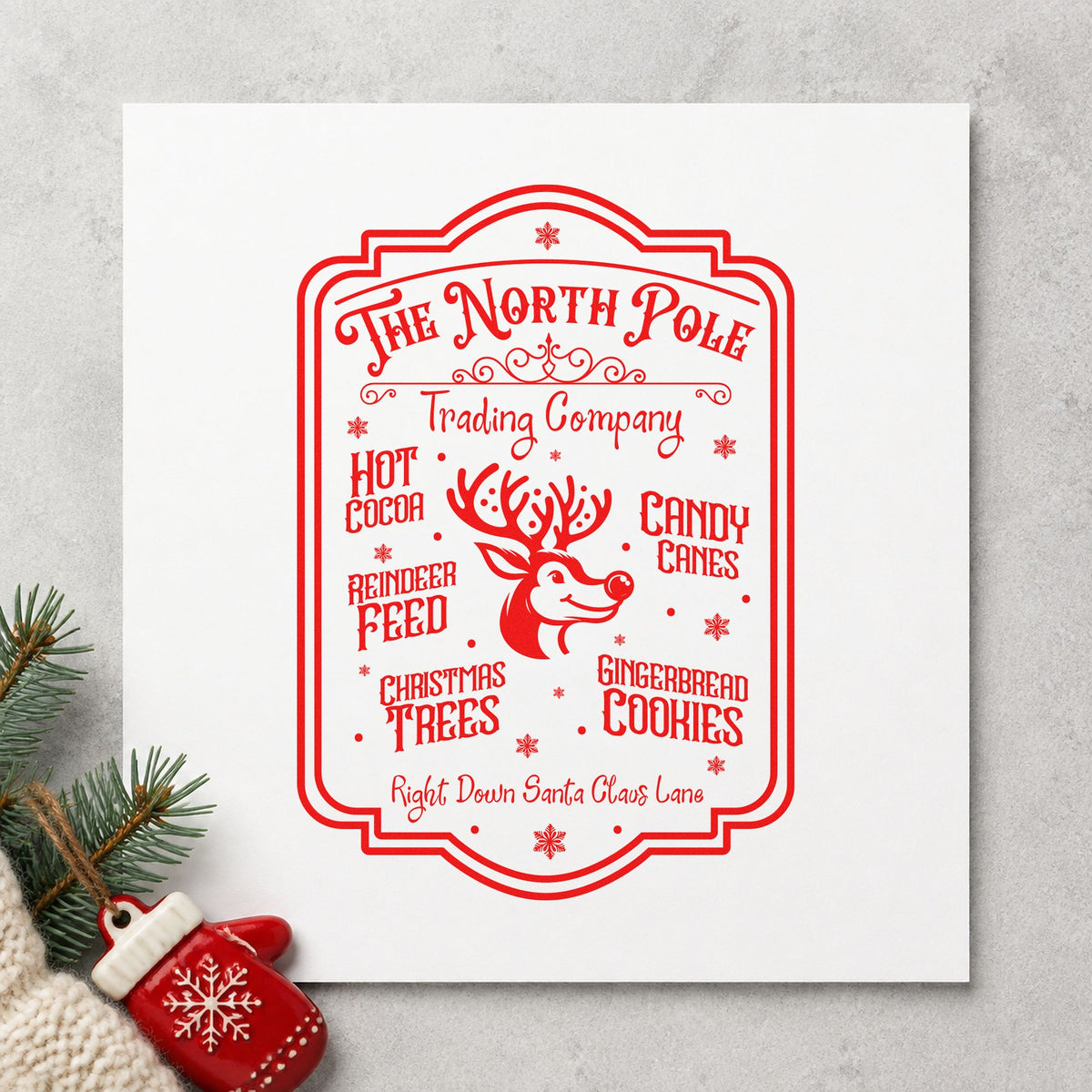 North Pole Trading Company Sign rubber stamp shown in red ink, stamped for projects such as scoop bin labels.