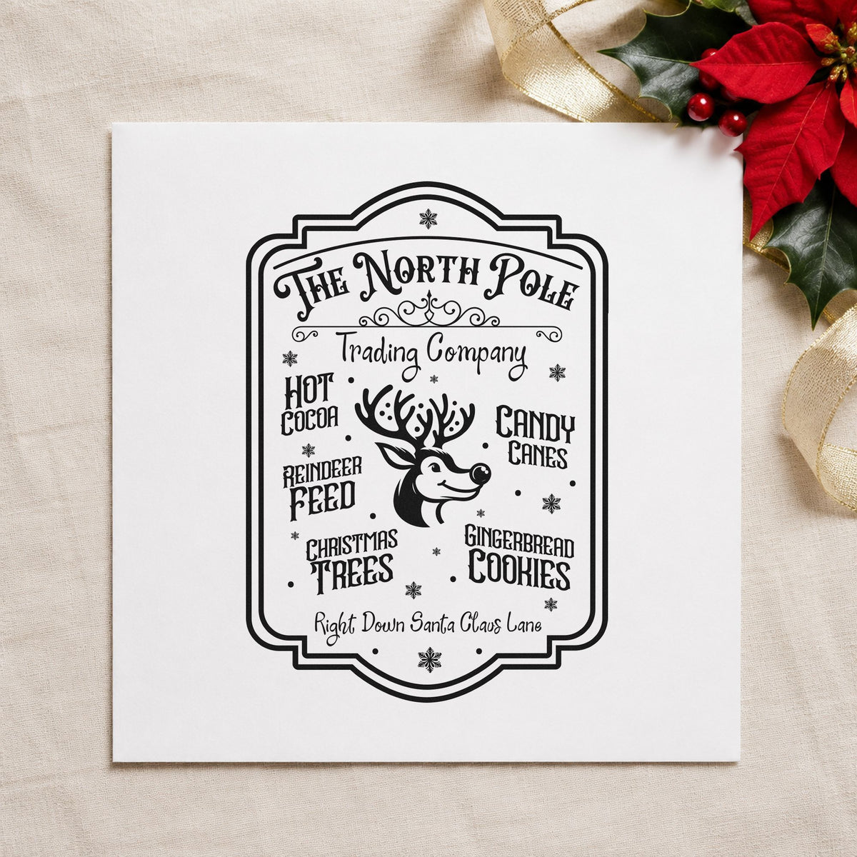 North Pole Trading Company Sign rubber stamp printed in black ink, ready for trading post cards and similar paper crafts.