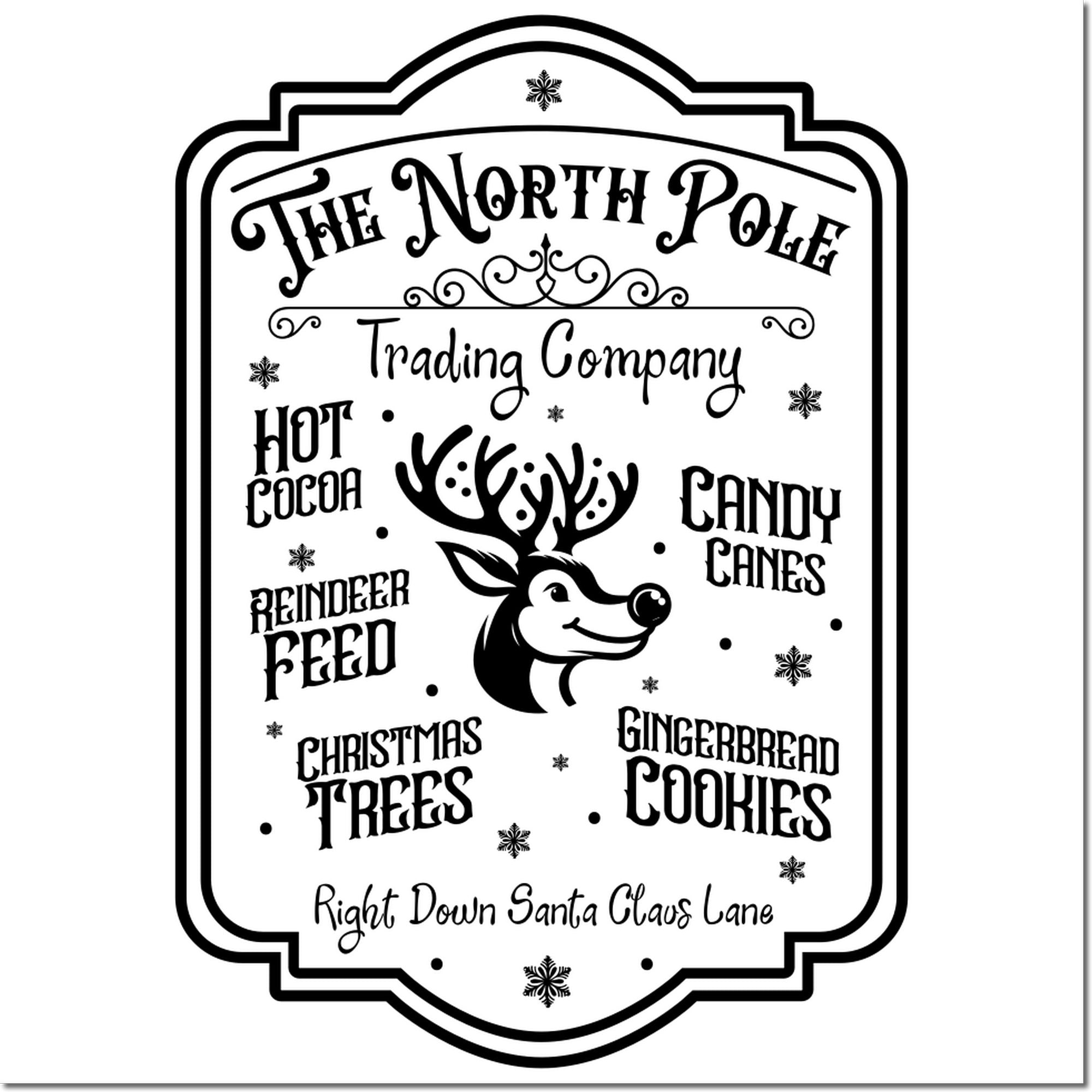 The North Pole Trading Company Christmas rubber stamp design with reindeer, holiday treats, and Santas lane theme for festive crafts.