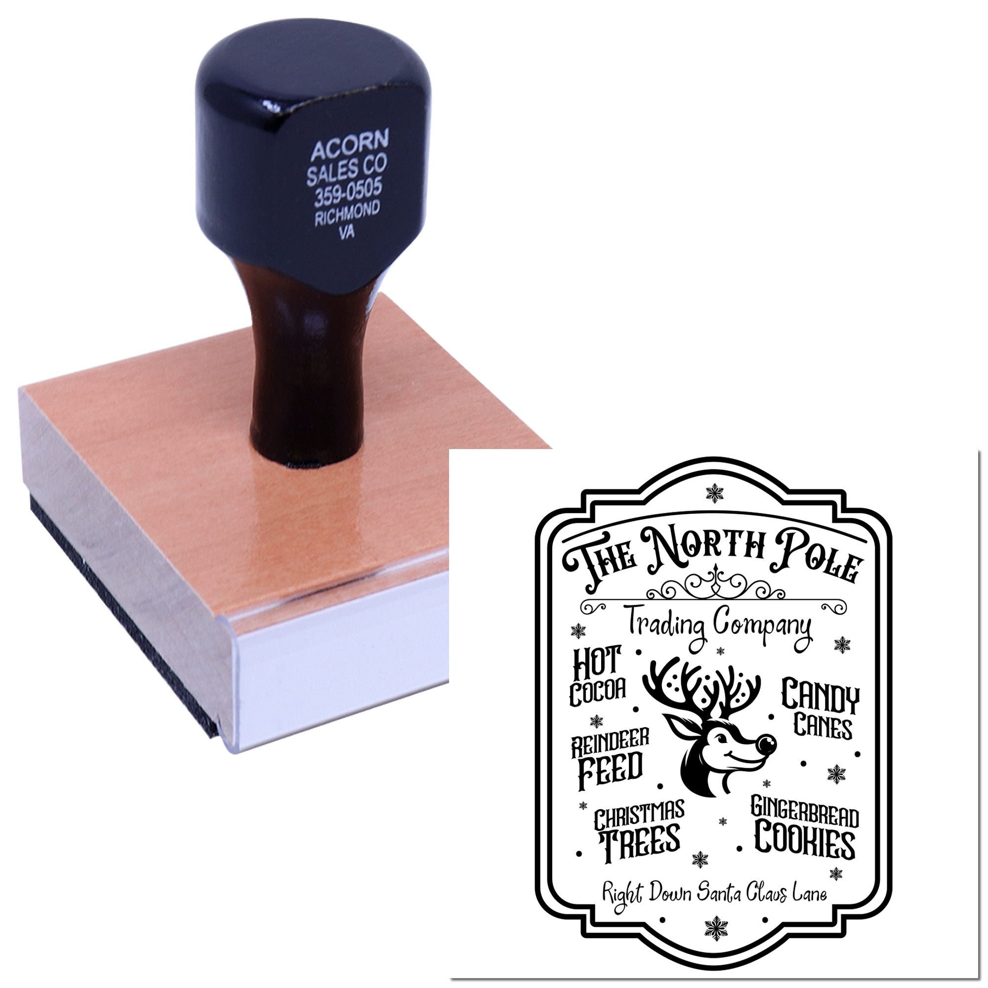 Personalized Christmas rubber stamp with custom reindeer design for holiday packaging, cards, and gift tags