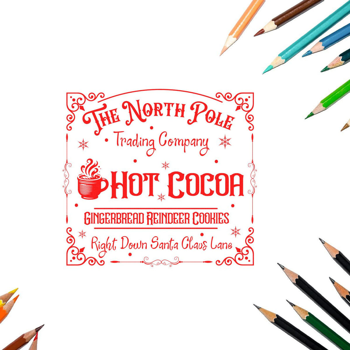 North Pole Trading Hot Cocoa rubber stamp shown in red ink, stamped for projects such as counter album page.