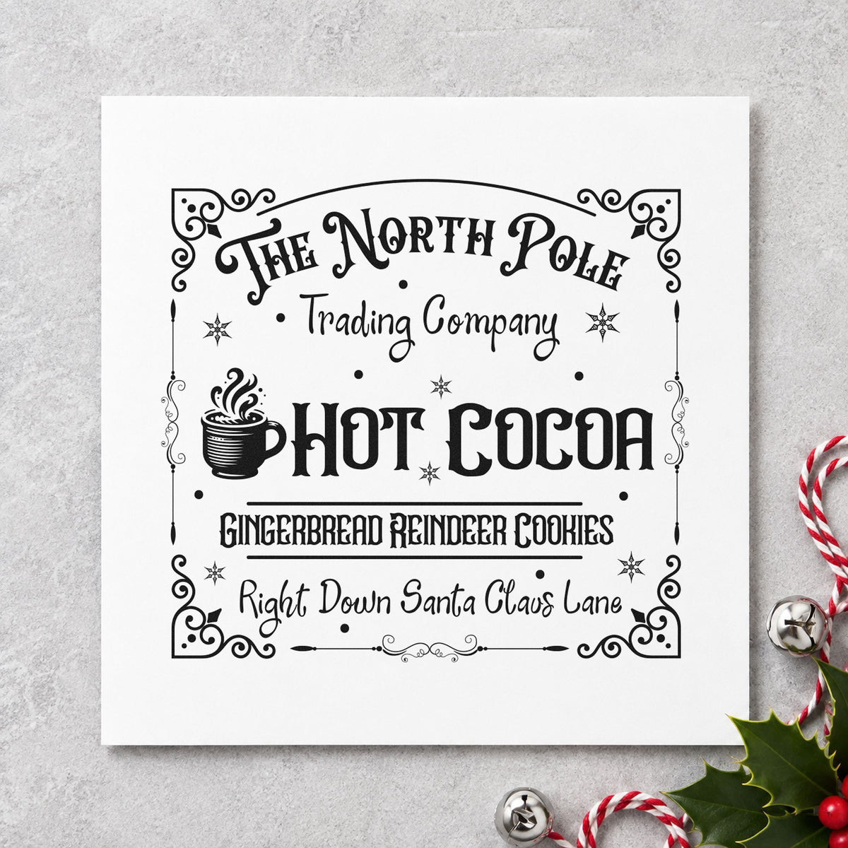 North Pole Trading Hot Cocoa rubber stamp printed in black ink, ready for batch prep sheet and similar paper crafts.