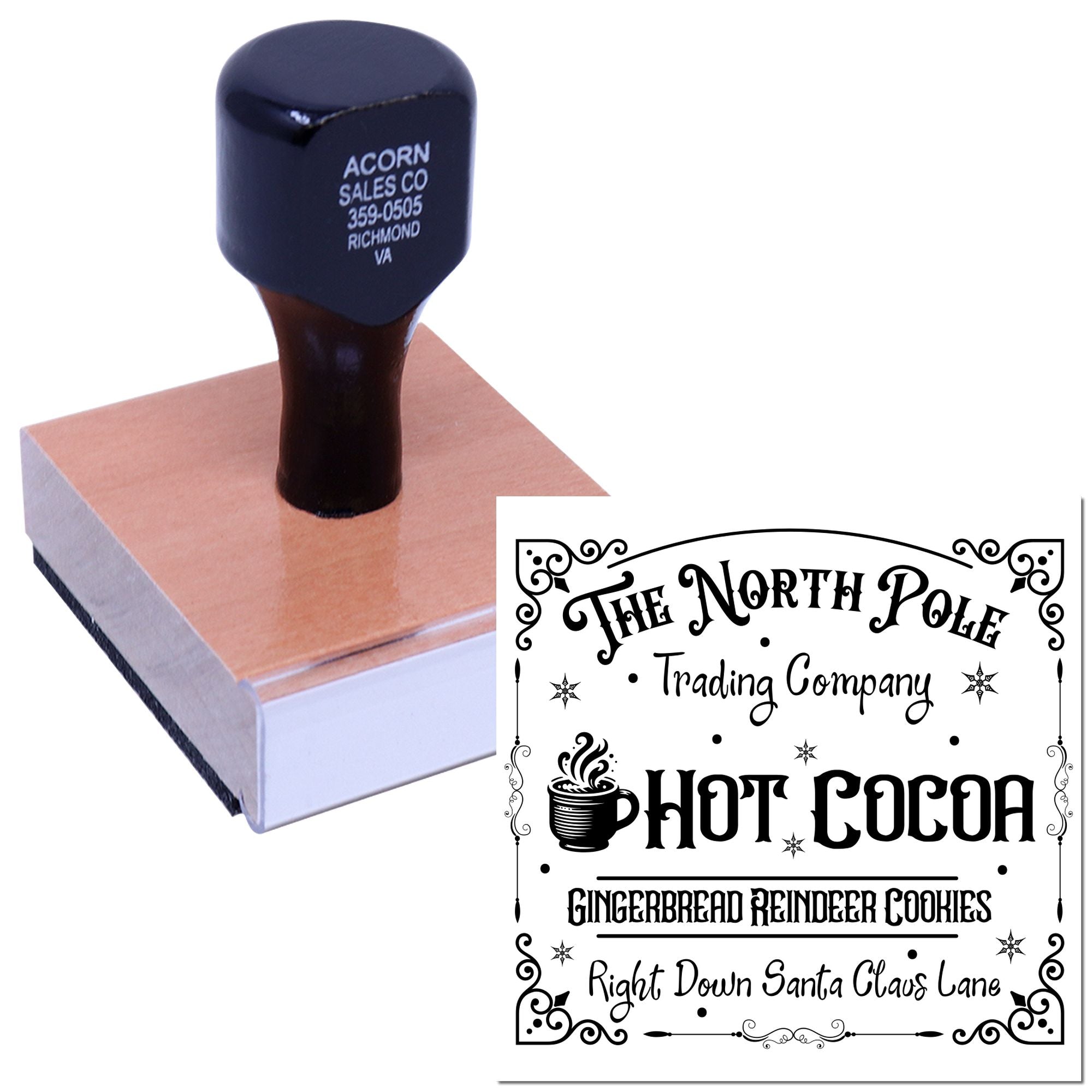 Personalized rubber stamp with custom hot cocoa label design for bakery packaging, branding, and holiday cookie tags.