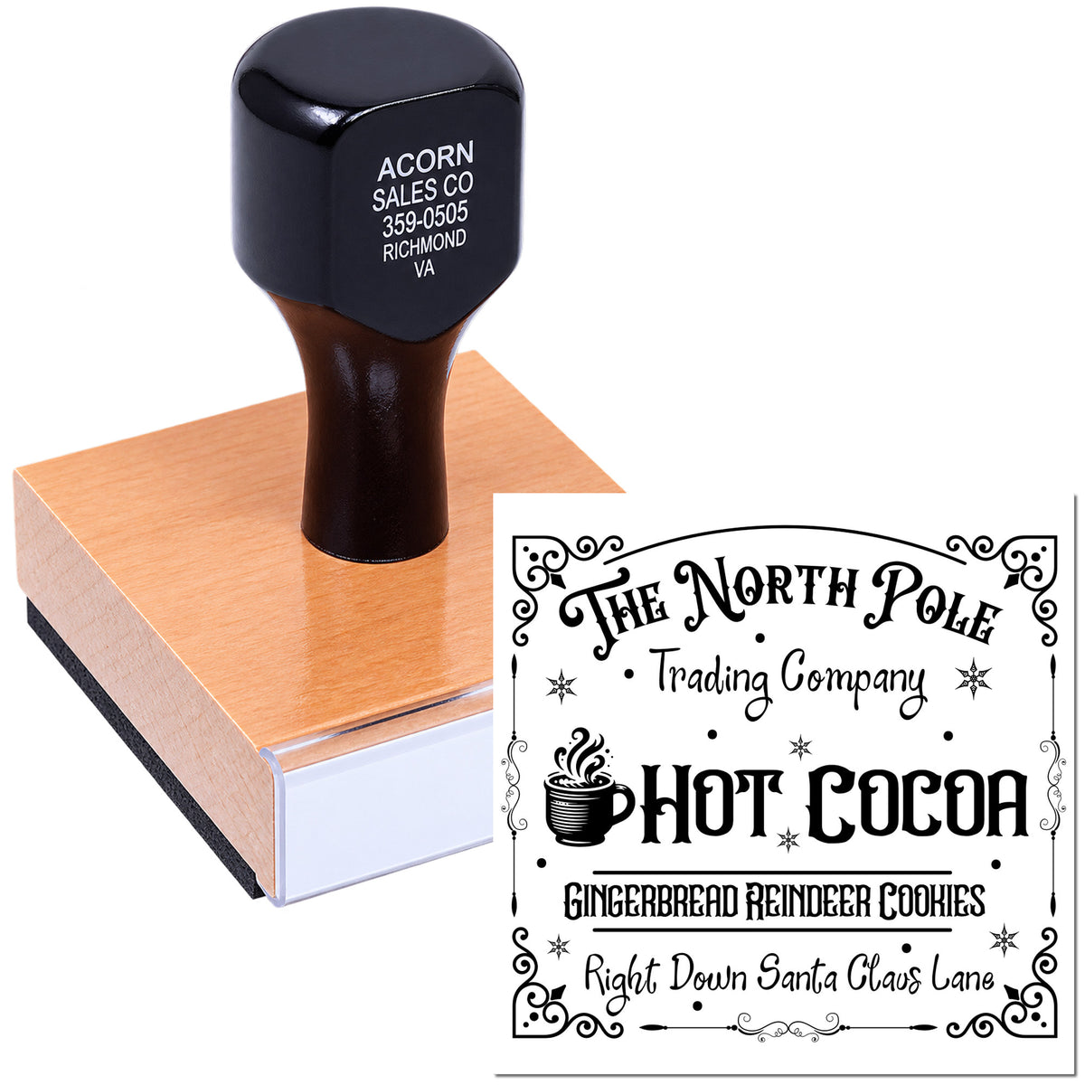 Personalized rubber stamp with custom hot cocoa label design for bakery packaging, branding, and holiday cookie tags.